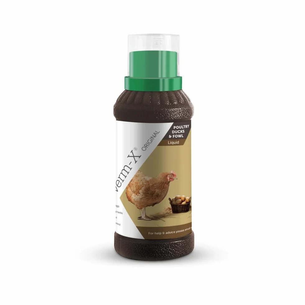 Verm-X Płyn do drobiu, 250 ml. Zamiast chemicznych kuracji dla kur, gęsi, kaczek itd. Naturalna kontrola wewnętrznych pasożytów o sprawdzonej recepturze Verm-X.