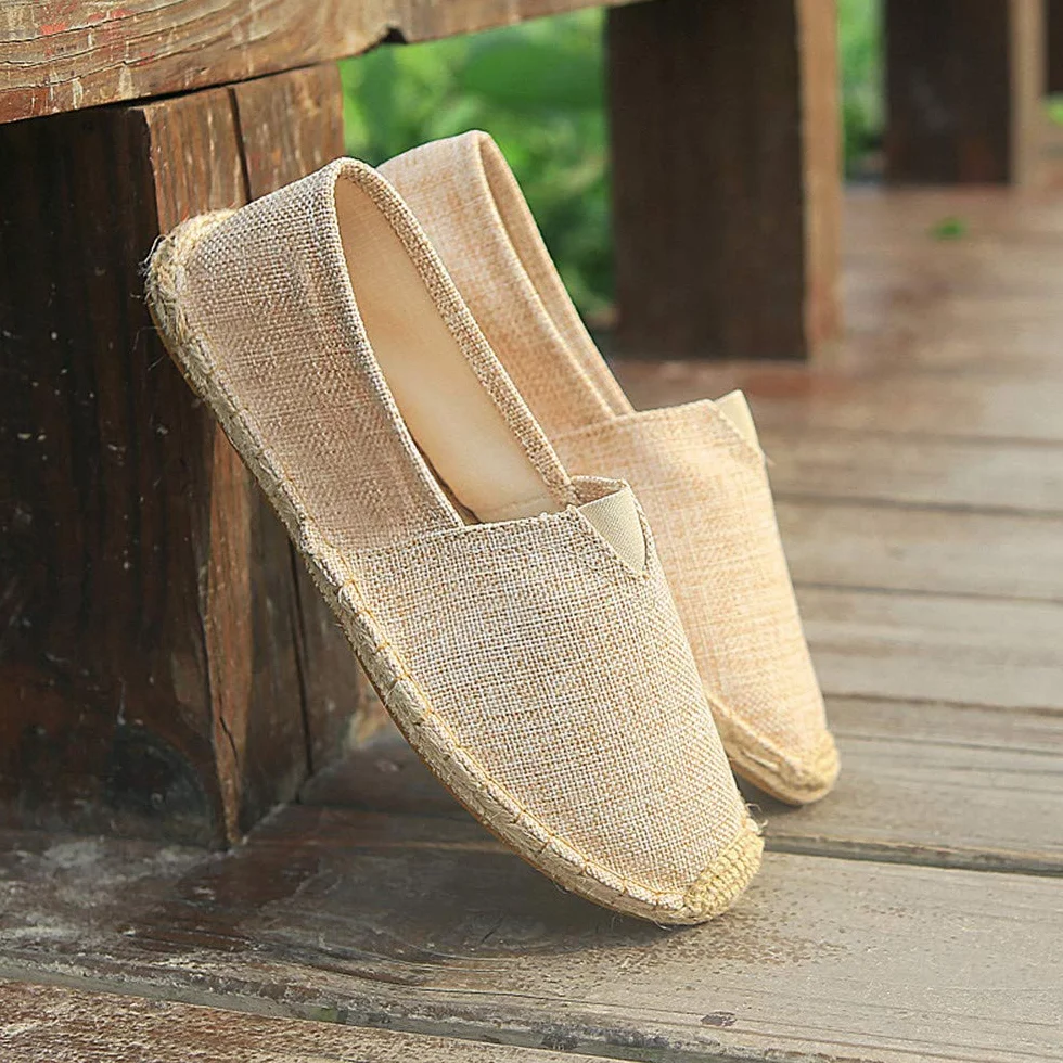 Słomiane buty plażowe, lniane, męskie, płócienne, espadryle, damskie, wsuwane, płaskie