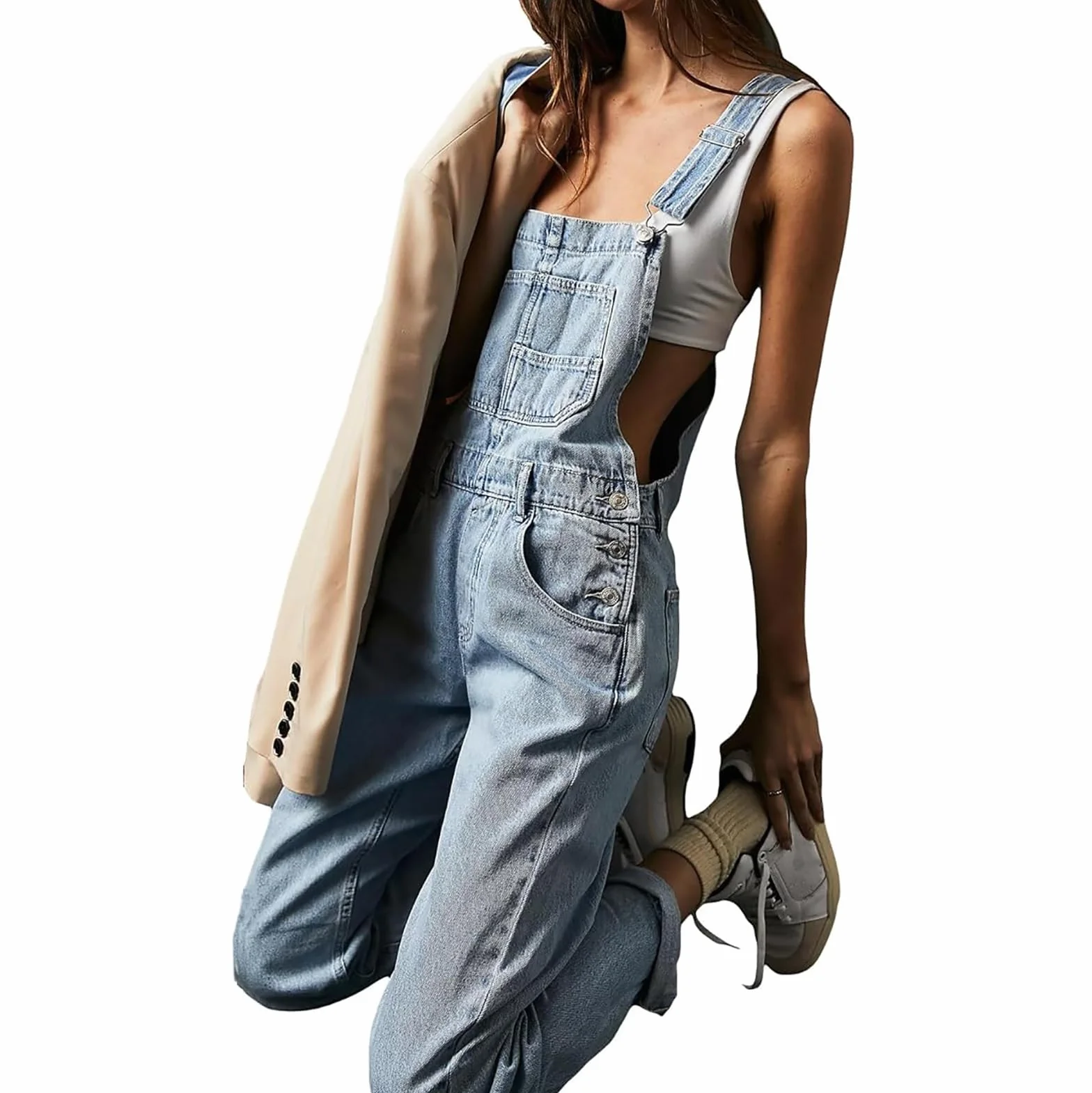 Damskie Jeansowe Ogrodniczki Wiosna Lato Baggy Proste Długie Dżinsy Ogrodniczki Casual Denim Romper dla Kobiet Luźny Kombinezon z Kieszeniami Ogólnie Rzecz Biorąc Spodnie Dżinsowe