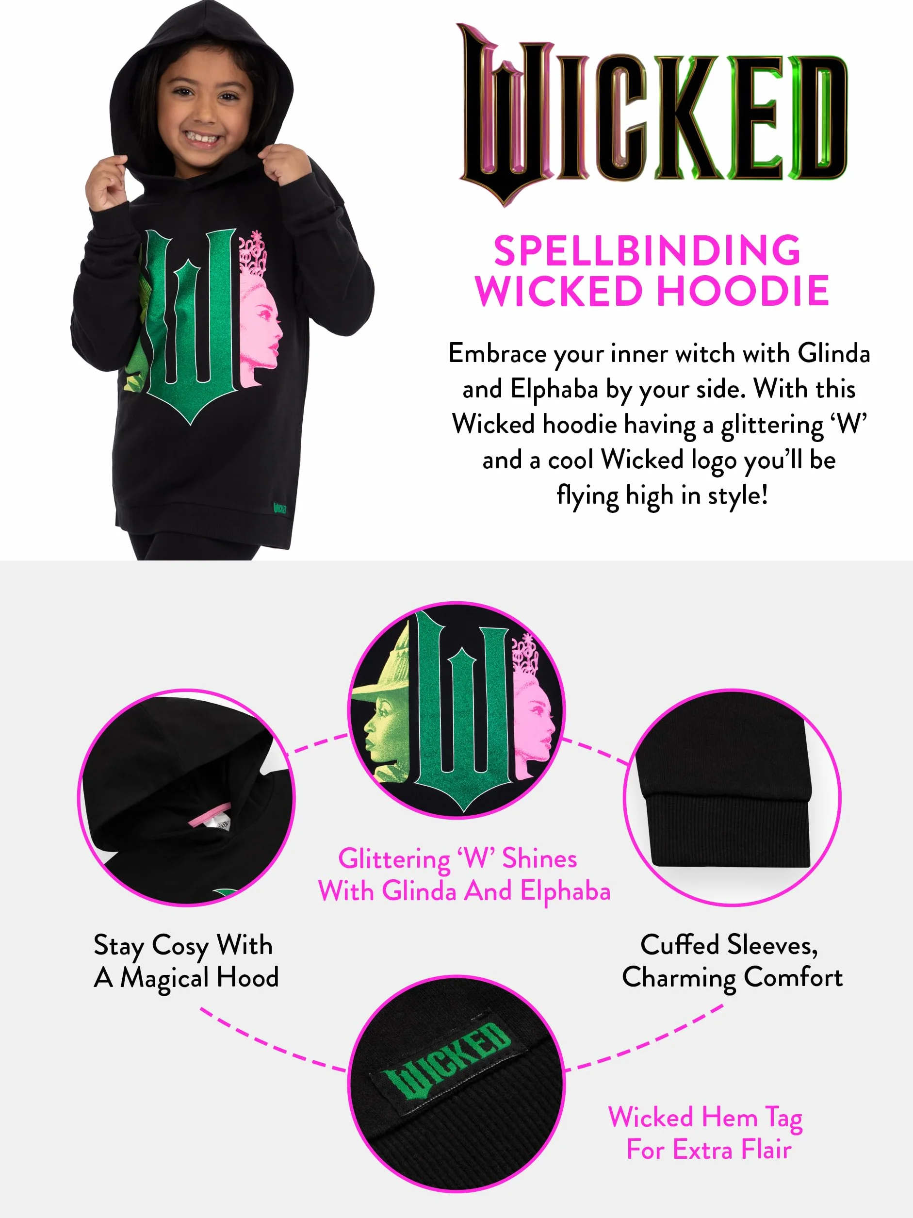 WICKED Bluza Z Kapturem Dla Dziewcząt Elphaba I Glinda Z Brokatem