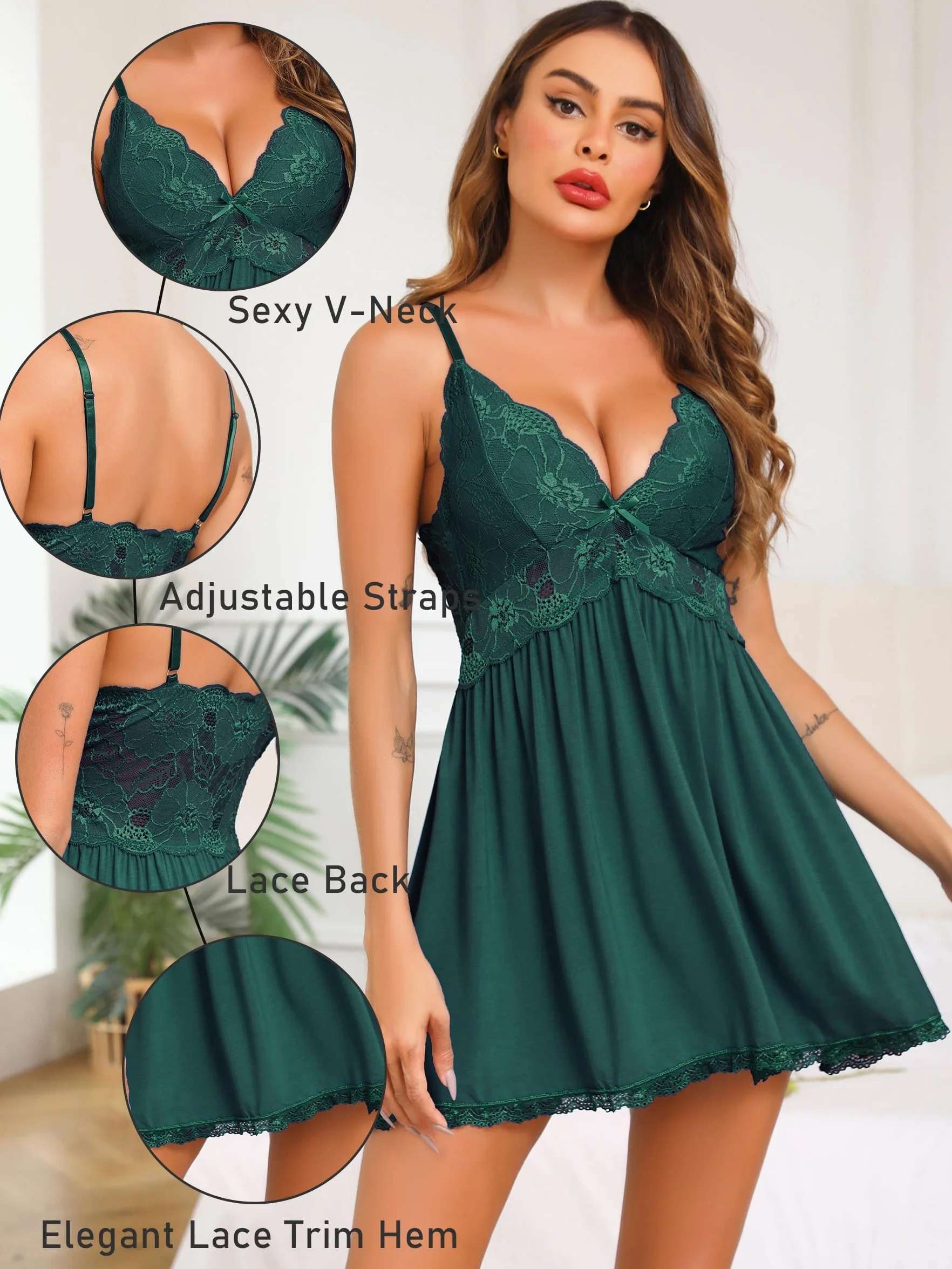 Vlazom Damskie koszule nocne, elegancka bielizna dla pań koszula nocna koronkowa sukienka z dekoltem w serek babydoll bielizna nocna S-XXL