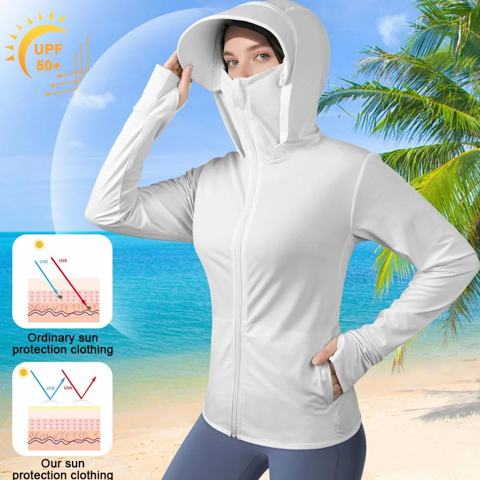 AUYAO Damska bluza z kapturem UV, damska bluza z długim rękawem, lekka bluza z zamkiem błyskawicznym, z kieszeniami, damska letnia kurtka sportowa UPF 50+, outdoorowa bluza anty-UV do fitnessu