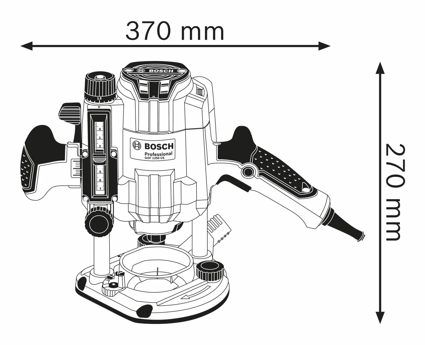Bosch Professional: frezarka górnowrzecionowa GOF 1250 CE (1 250 W, prędk. obr. bez obc. 10 000 – 24 000 min–1, adapt. do bolców kopiuj., prow. równol., klucz płaski 19 mm, tuleja zacisk.)