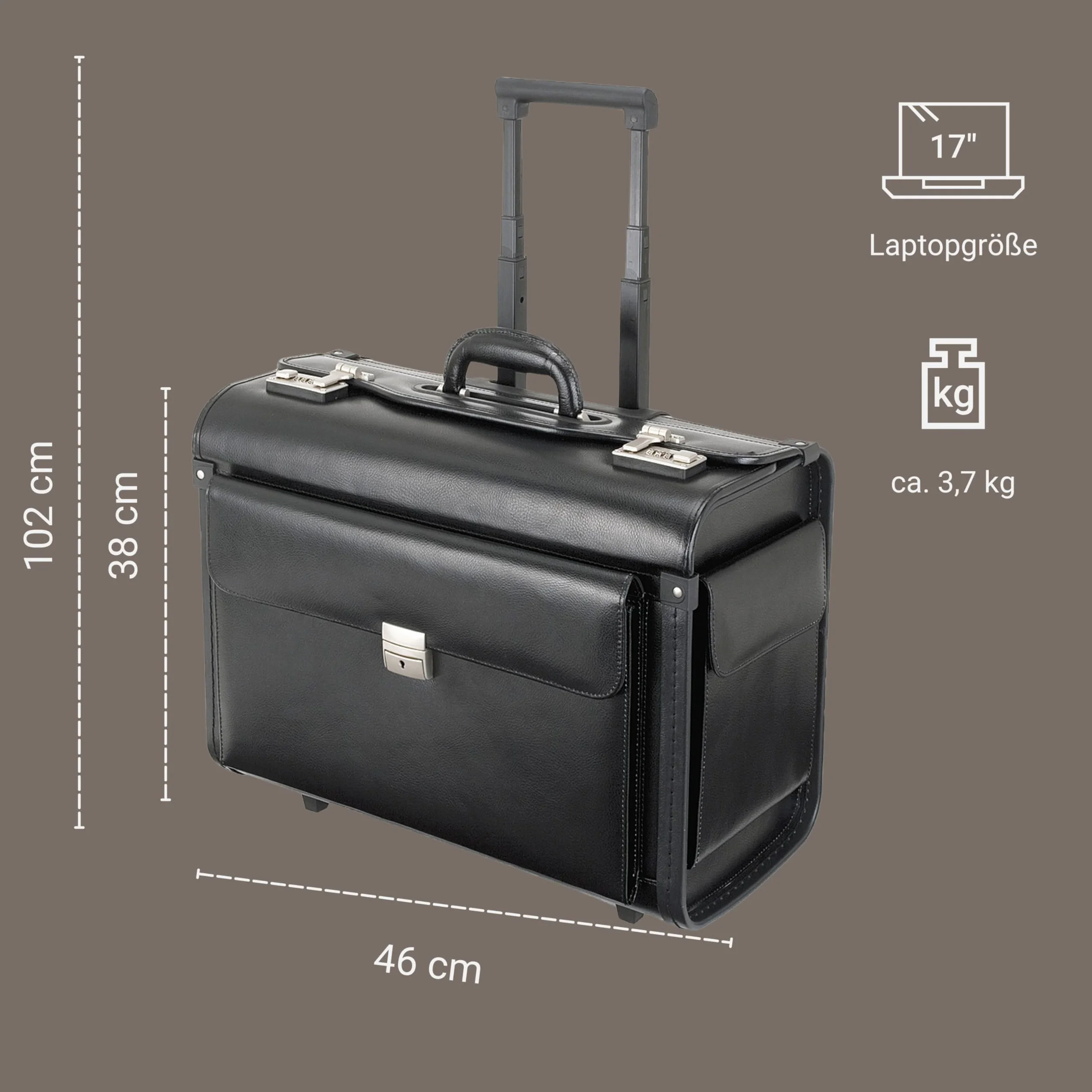 Alassio - 92705 SILVANA - walizka na kółkach, skórzana, czarna, Czarny, B 48,5 x H 37 x T 23 cm, Bagaż dziecięcy