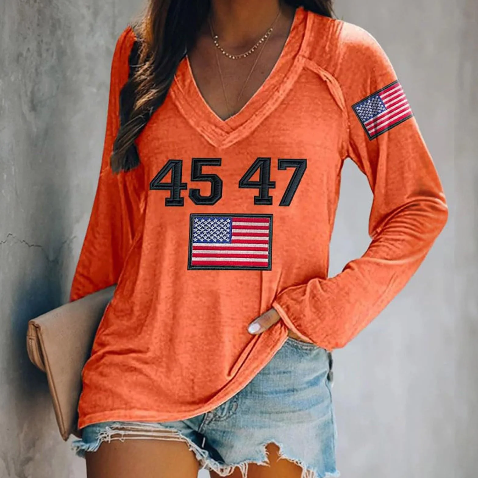 Damska bluza USA amerykańska flaga oversize sweter z okrągłym dekoltem długi rękaw vintage