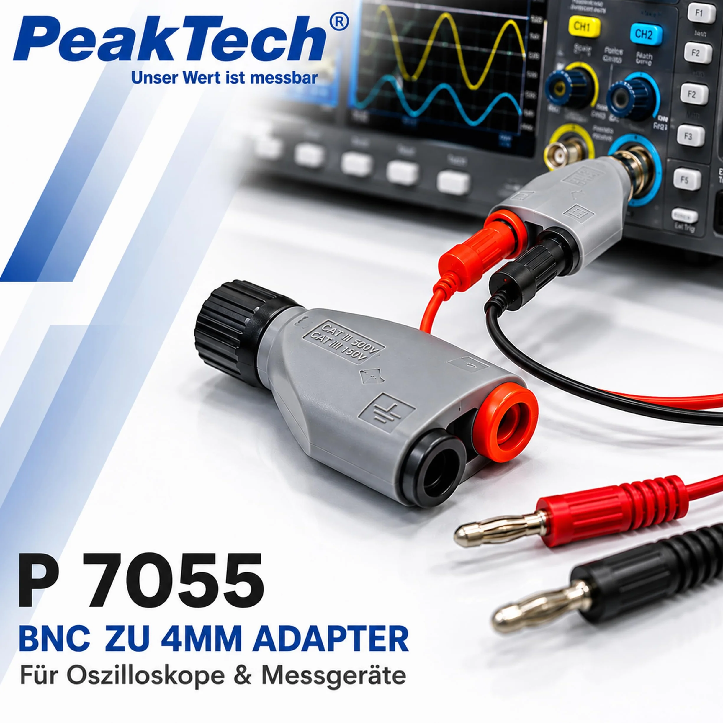 PeakTech P 7055 BNC adapter wtyczka bananowa gniazda, akcesoria do oscyloskopu, generatora sygnału, licznika częstotliwości i szczypiec prądowych z przewodem pomiarowym 4 mm, w pełni izolowany