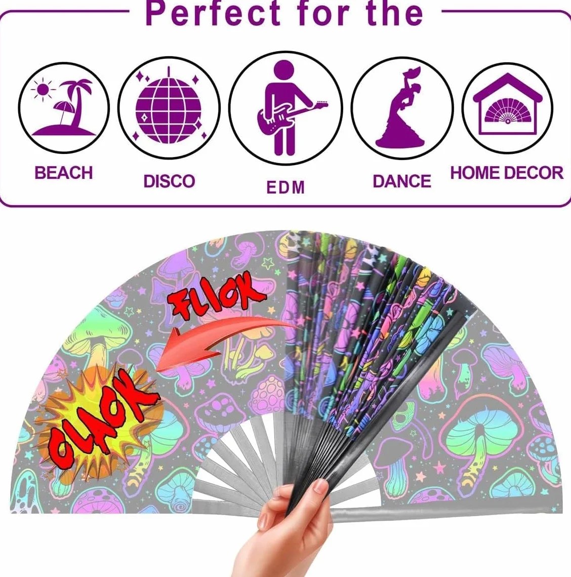 UV Glow Rave składany wachlarz ręczny do rave, duży wachlarz do tańca, drag queene, na imprezę, festiwal muzyczny, festiwal, występ, karnawał, prezent ślubny