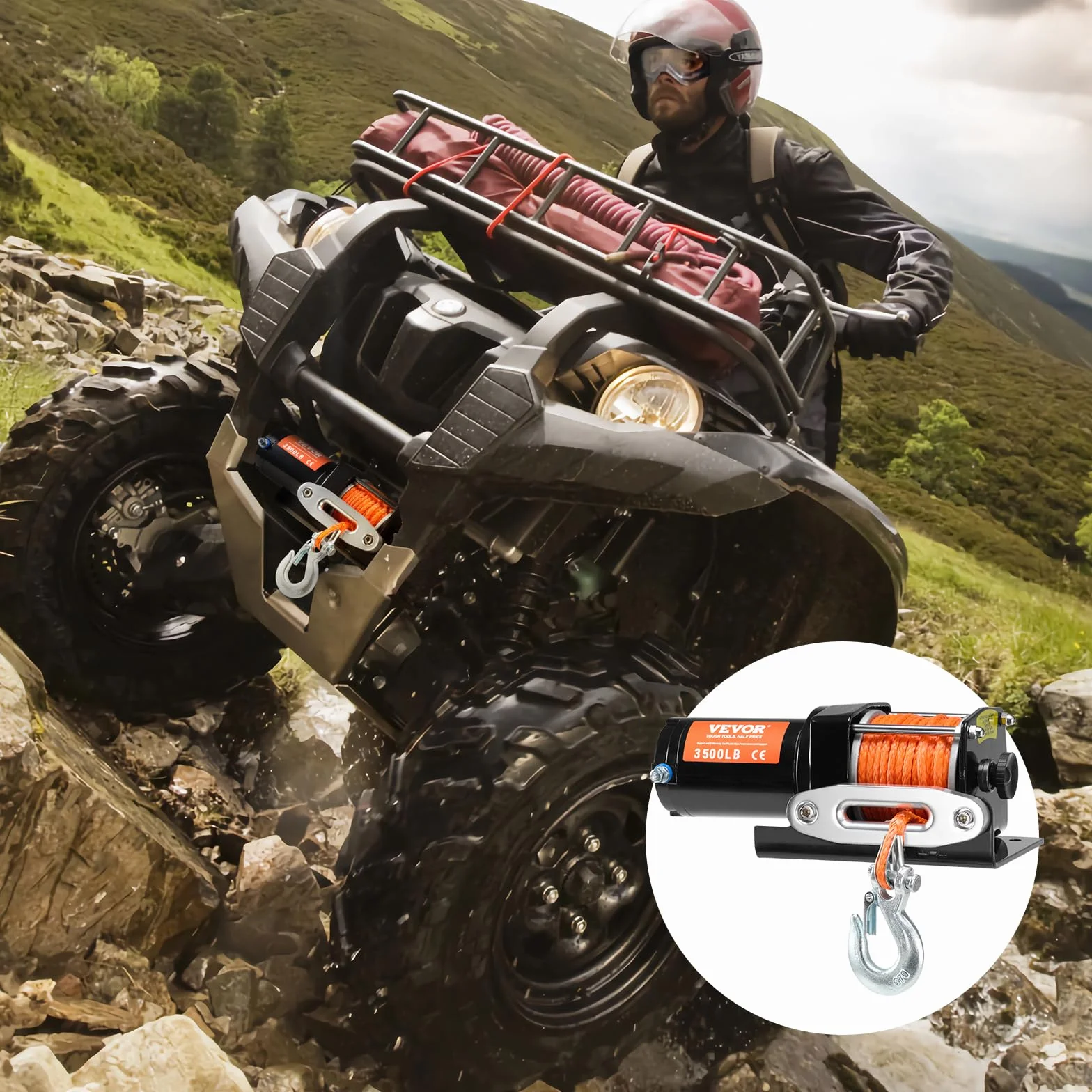 VEVOR Wciągarka elektryczna, zdolność ciągnięcia linii 3500 lbs / 1588 kg wciągarka ATV/UTV 12 V DC Φ0,5 x 1188,7 cm 12 drutów z liną syntetyczną, aluminiowy przewodowy pilot zdalnego sterowania