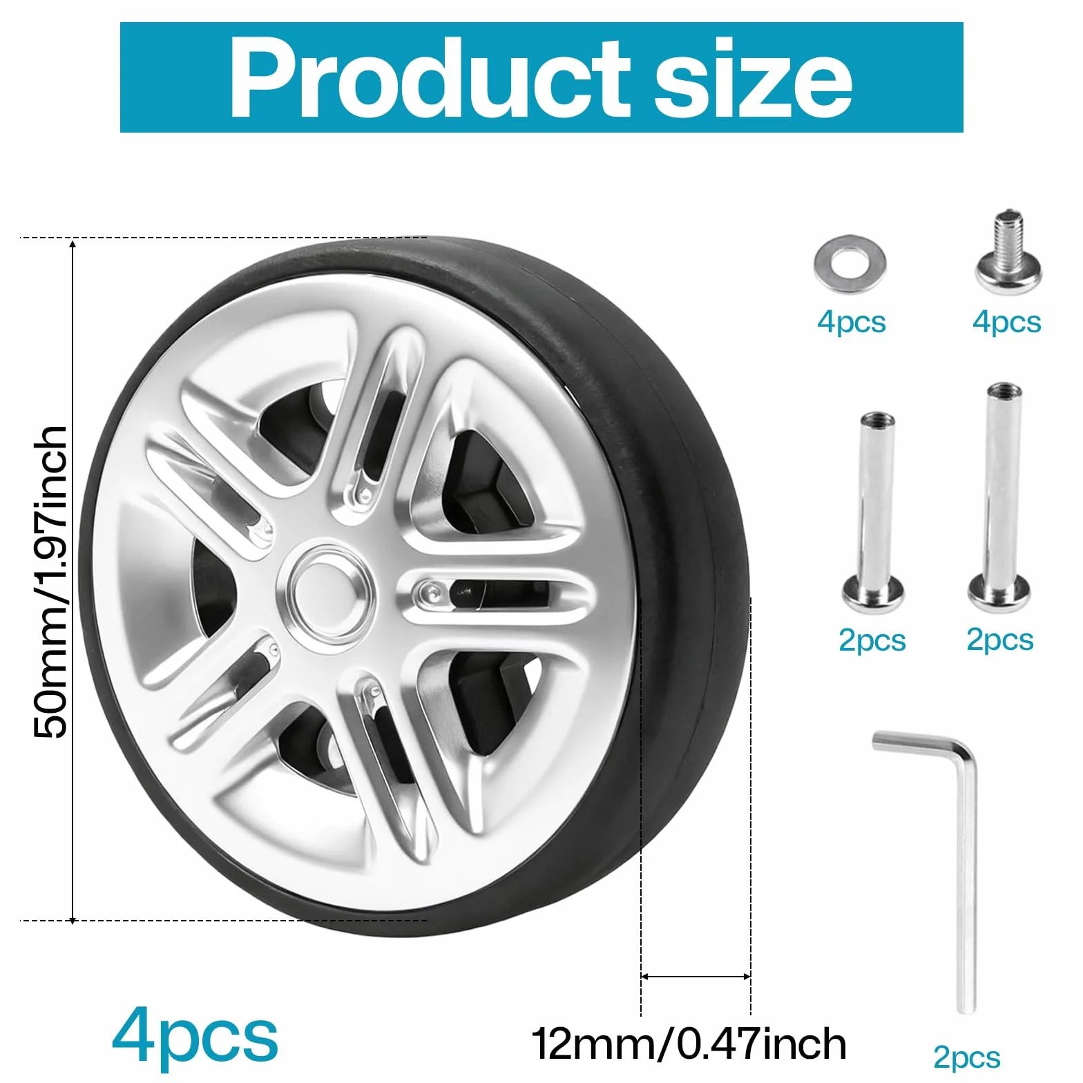 4 sztuki kółek zapasowych do walizki, 50×12 mm, czarne kółka walizkowe, z zestawem części zamiennych do naprawy, odporne na zużycie, uniwersalne kółka z gumy PU, kółka bagażowe do wózków, kółko