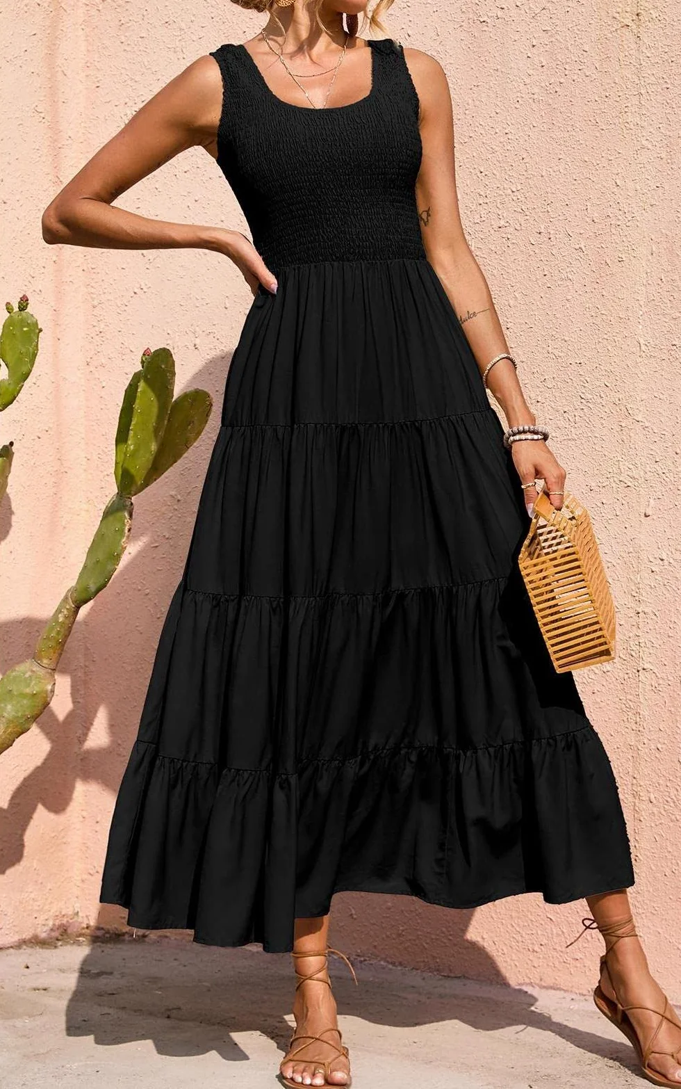 PRETTYGARDEN Damska 2024 casualowa luźna gładka sukienka maxi sukienka bez rękawów letnia plaża wielowarstwowe długie sukienki, Czarny, S
