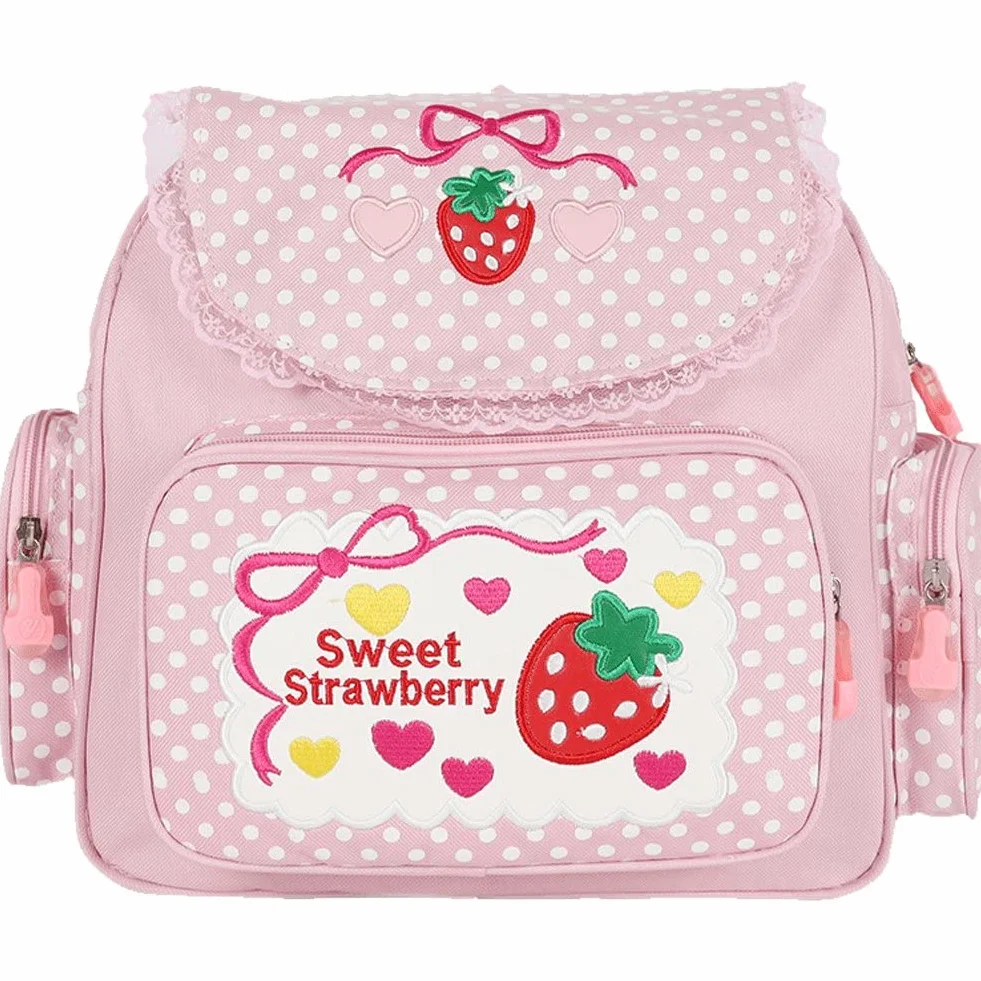 Plecak w stylu japońskim Kawaii z haftowanym truskawkowym szyciem, mini plecak z koronkowym wzorem truskawki, uroczy plecak szkolny dla dziewczynki