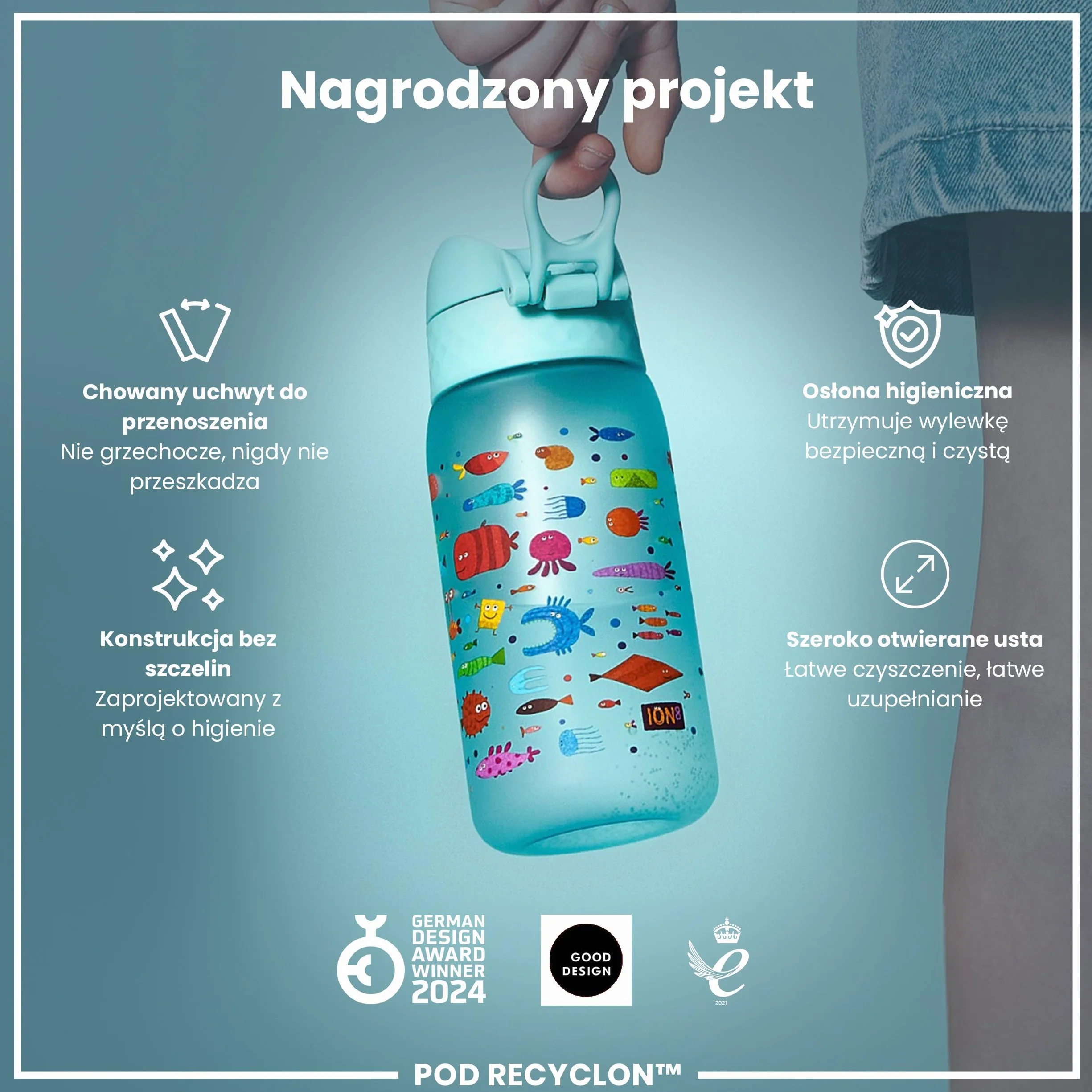 ION8 Butelka dla Dzieci, 350 ml/12 oz, Szczelna, Łatwa do Otwarcia, Bezpieczny Zamek, Można Myć w Zmywarce, Bez BPA, Uchwyt do Przenoszenia, Łatwa do Czyszczenia, Bezwonny, Wolna Ryba