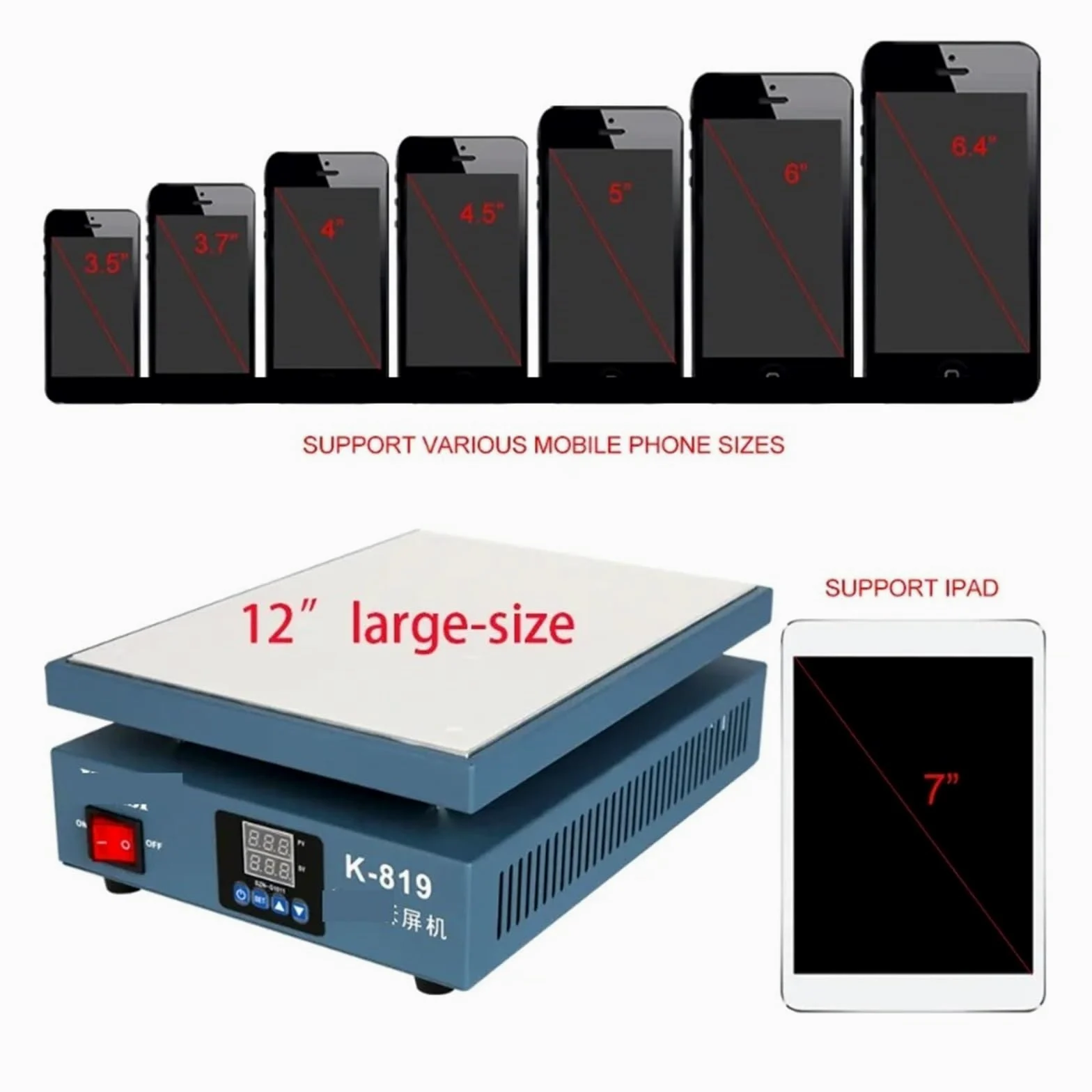 K-819 12-calowy ekran LCD Platforma grzewcza Rozmiar 28 * 20 cm Stacja grzewcza do podkładki Ekran dotykowy LCD Maszyna do wstępnego podgrzewania separatora