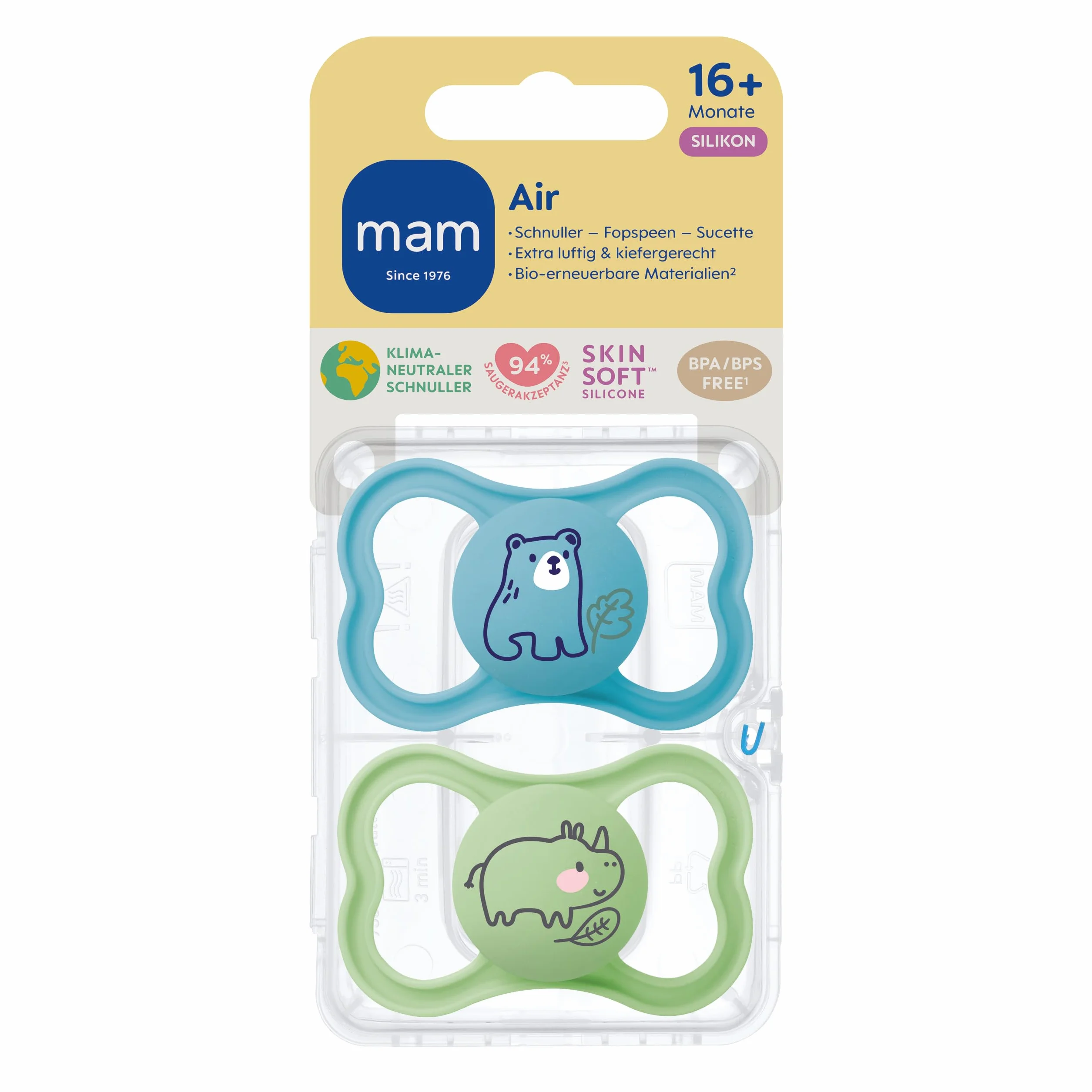 MAM Air silikonowy smoczek, bardzo lekki i przewiewny design z tarczą, przyjazny dla żuchwy, ze specjalnego silikonu MAM SkinSoft, z pudełkiem na smoczek, od 16 miesięcy, niedźwiedź/nosorożec, 2 szt