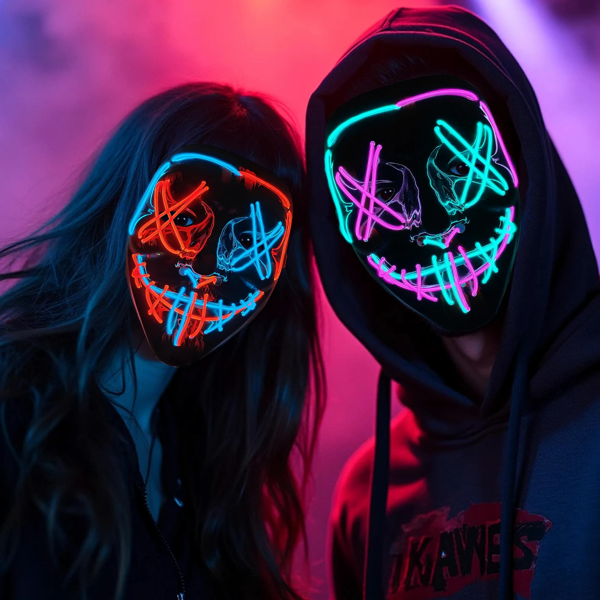 2 sztuki masek na Halloween, świecące maski oczyszczające LED, kostium cosplay dla mężczyzn i kobiet, straszna twarz, na imprezę, karnawał, prezent, 2 szt