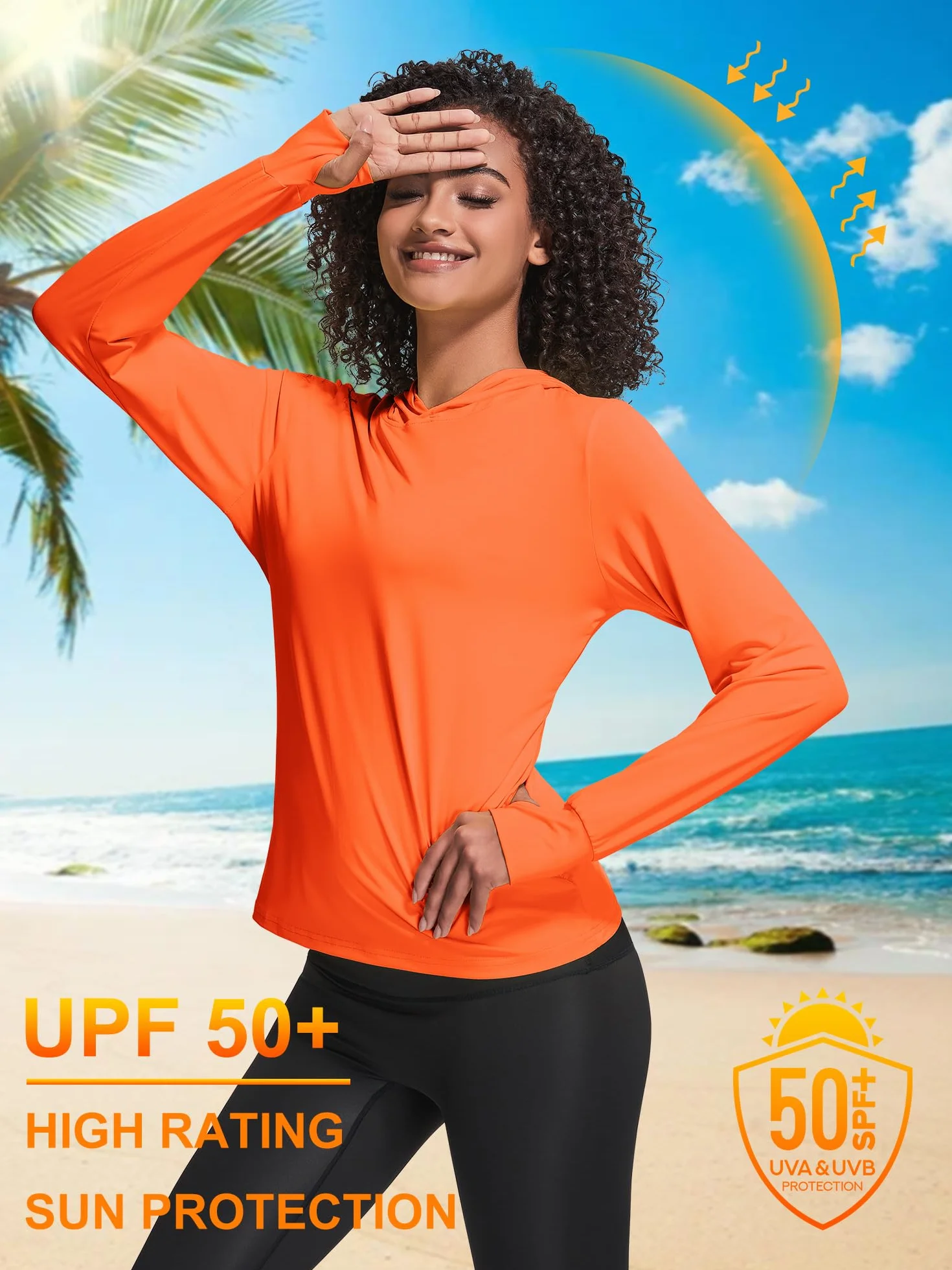 Damska bluza z kapturem UPF 50+, ochrona przed słońcem, koszulka SPF, długi rękaw, wędrówki, lekka, szybkoschnąca, ochrona przed promieniowaniem UV, odzież outdoorowa z otworem na kciuk, ukryty otwór