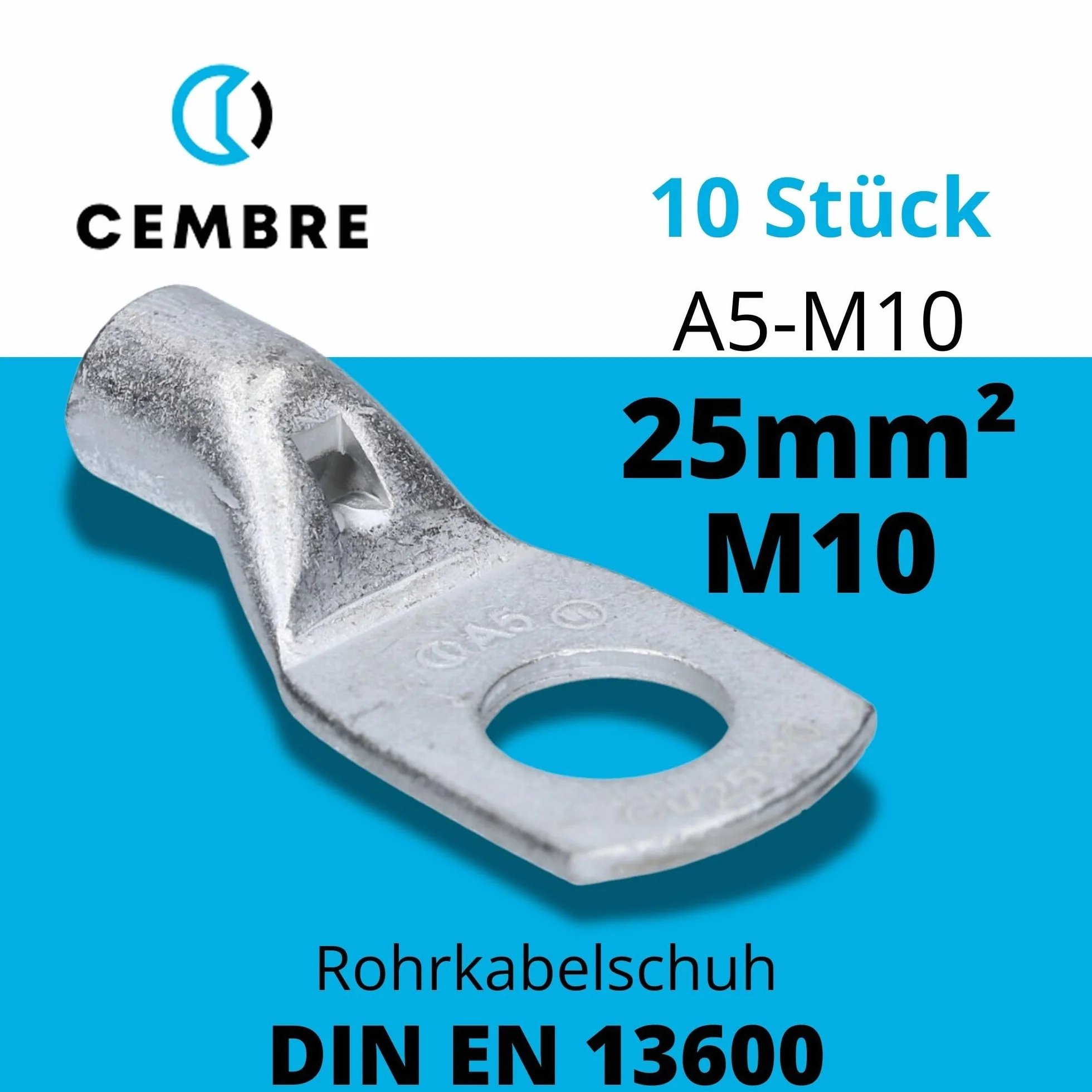 10 sztuk Cembre A5-M10 końcówka kablowa 25 mm² M10 nieizolowana z miedzi ocynkowana