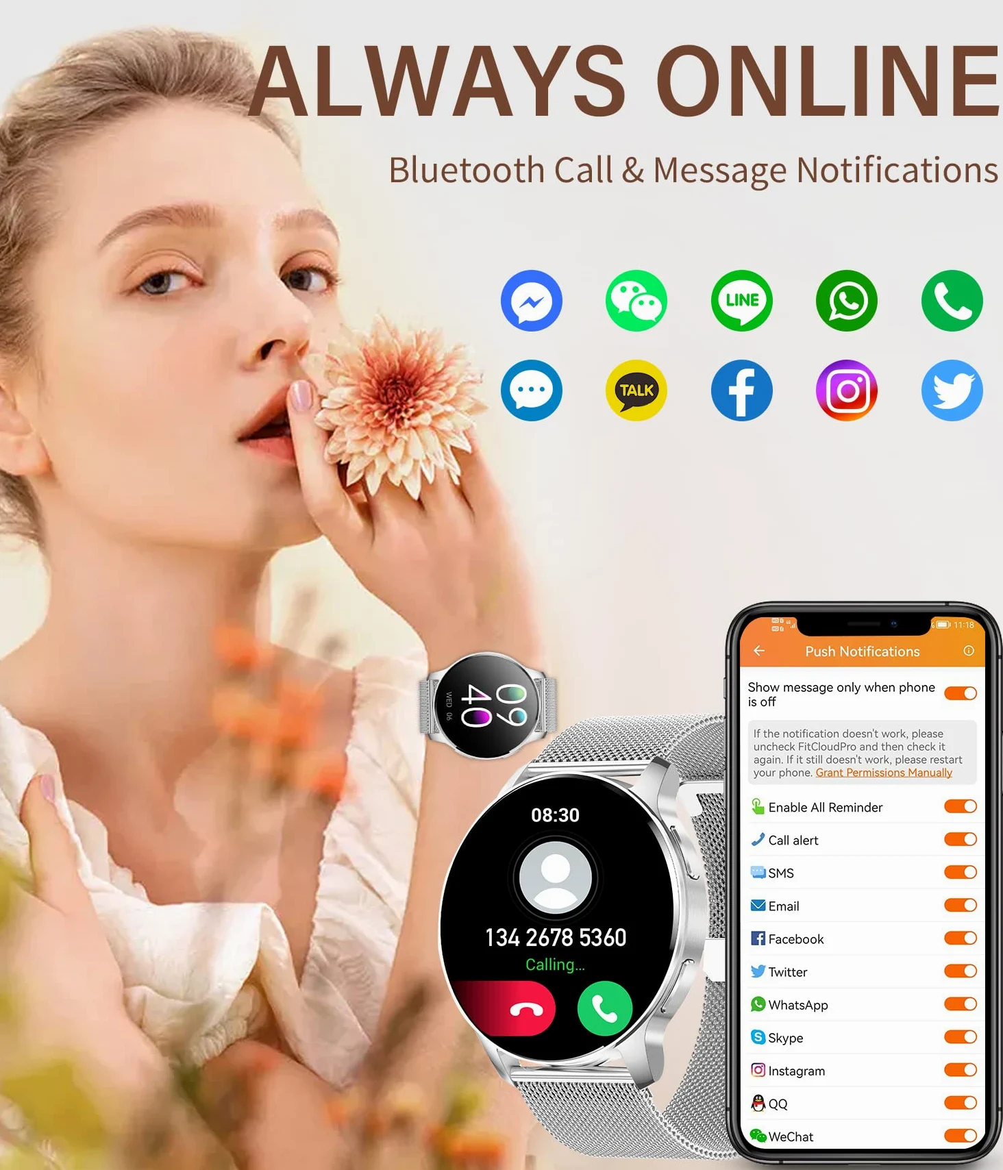 Inteligentny zegarek dla mężczyzn i kobiet, ekran HD 1,32", zegarek fitness z tarczą połączenia, powiadomienie tekstowe, krokomierz, kalorie, asystent głosowy, SpO2, pulsometr, monitorowanie snu,