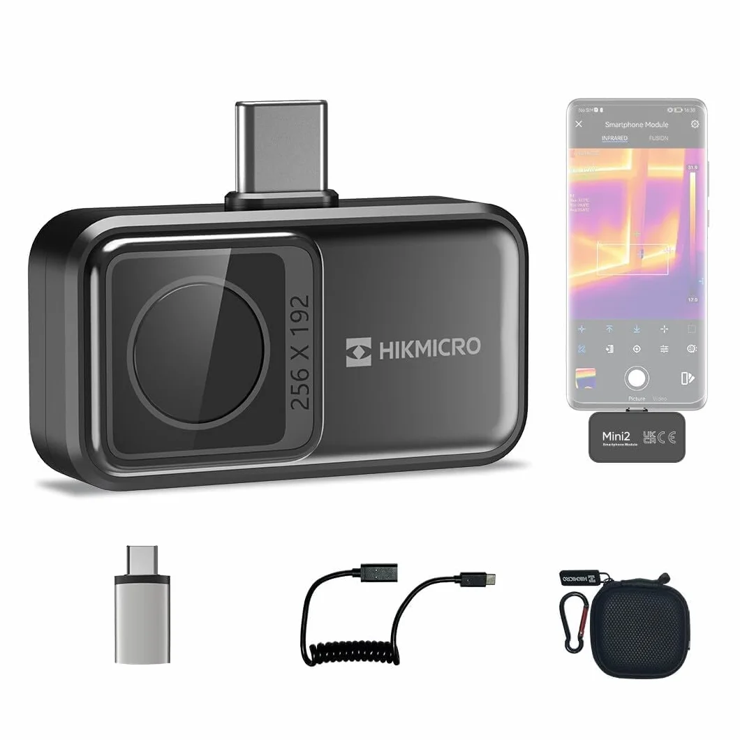 Kamera termowizyjna HIKMICRO Mini2 z systemem Android, rozdzielczość 256 x 192 podczerwieni, częstotliwość odświeżania 25 Hz, szeroki kąt 50°, 49 152 pikseli, -20°C do 350°C, USB-C (nie dla iPhone'a)