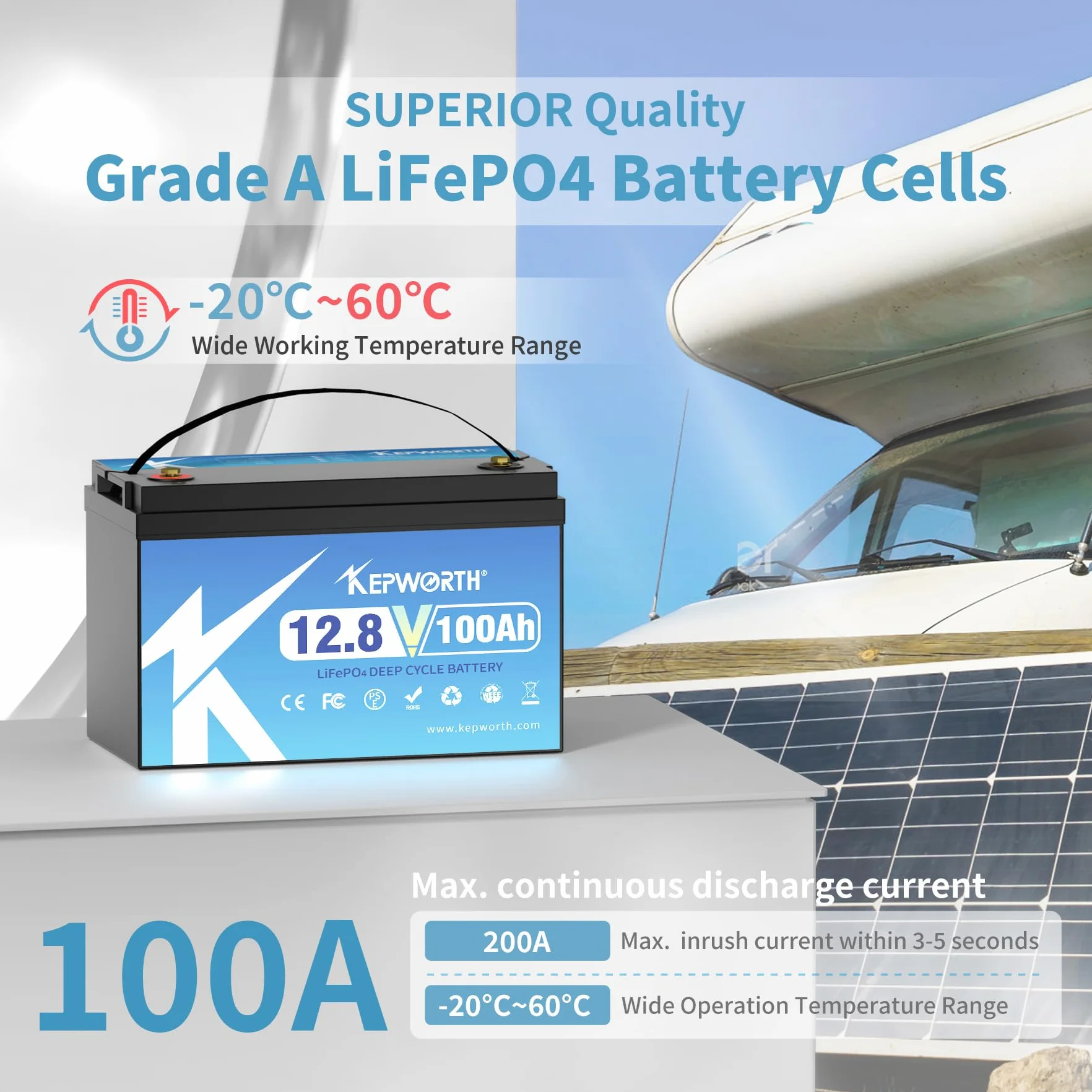 KEPWORTH 12V 100Ah LiFePO4 Akumulator Litowy, Do 15 000 Cykli i 10 Lat Żywotność, Bateria LiFePO4 z Płytką BMS 100A, Akumulator LiFEPO4 Idealny Do kamperów, Zastosowań Poza Siecią, Łodzie