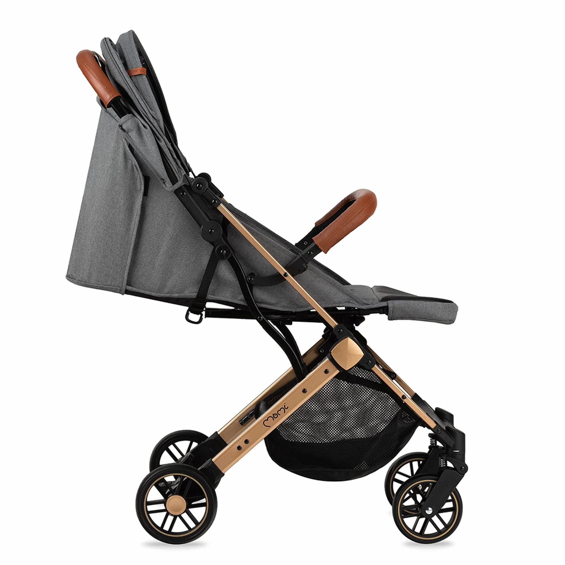 MOMI ESTELLE wózek dziecięcy dla dzieci od 6 miesięcy, do maks. wagi ciała 15 kg, składany do wymiarów 65 x 51 x 21 cm, waga 7,5 kg, 5-punktowy pas bezpieczeństwa, walizka, szaro-złoty