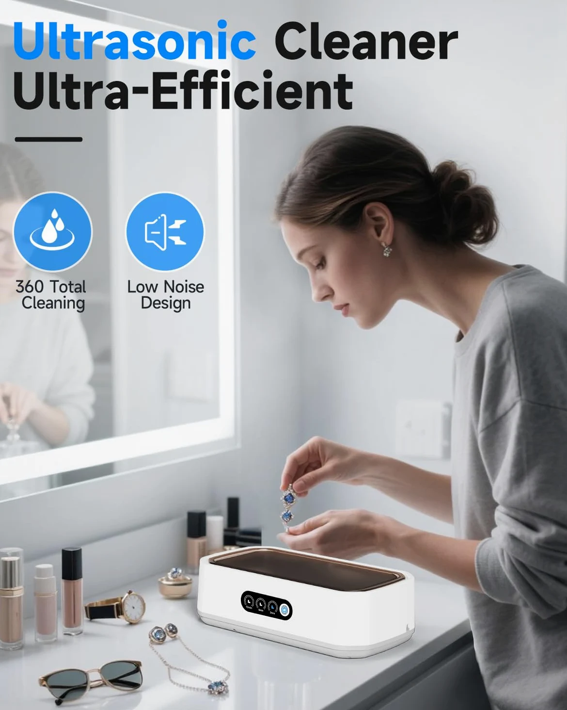 Ultradźwiękowa myjka do biżuterii 50 kHz ultradźwiękowa myjka ultradźwiękowa z 3 trybami i cyfrowym zegarem ultradźwiękowym głębokim czyszczącym maszyna do czyszczenia biżuterii, pierścionków