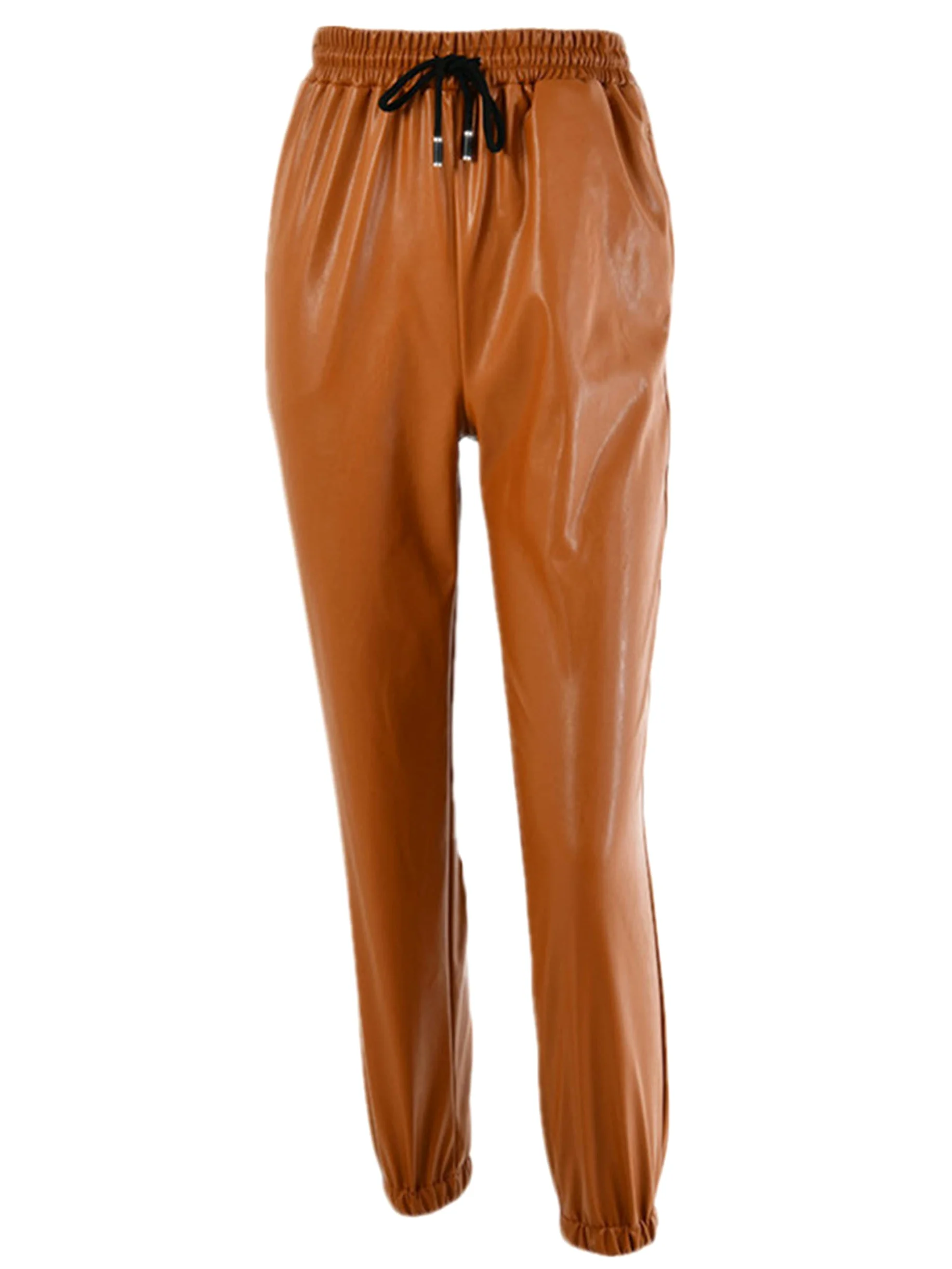 Damskie legginsy ze sztucznej skóry wyglądające na mokre, sznurek, przycięte, zwężane spodnie ze sztucznej skóry z wysokim stanem, seksowne legginsy (brązowy L)