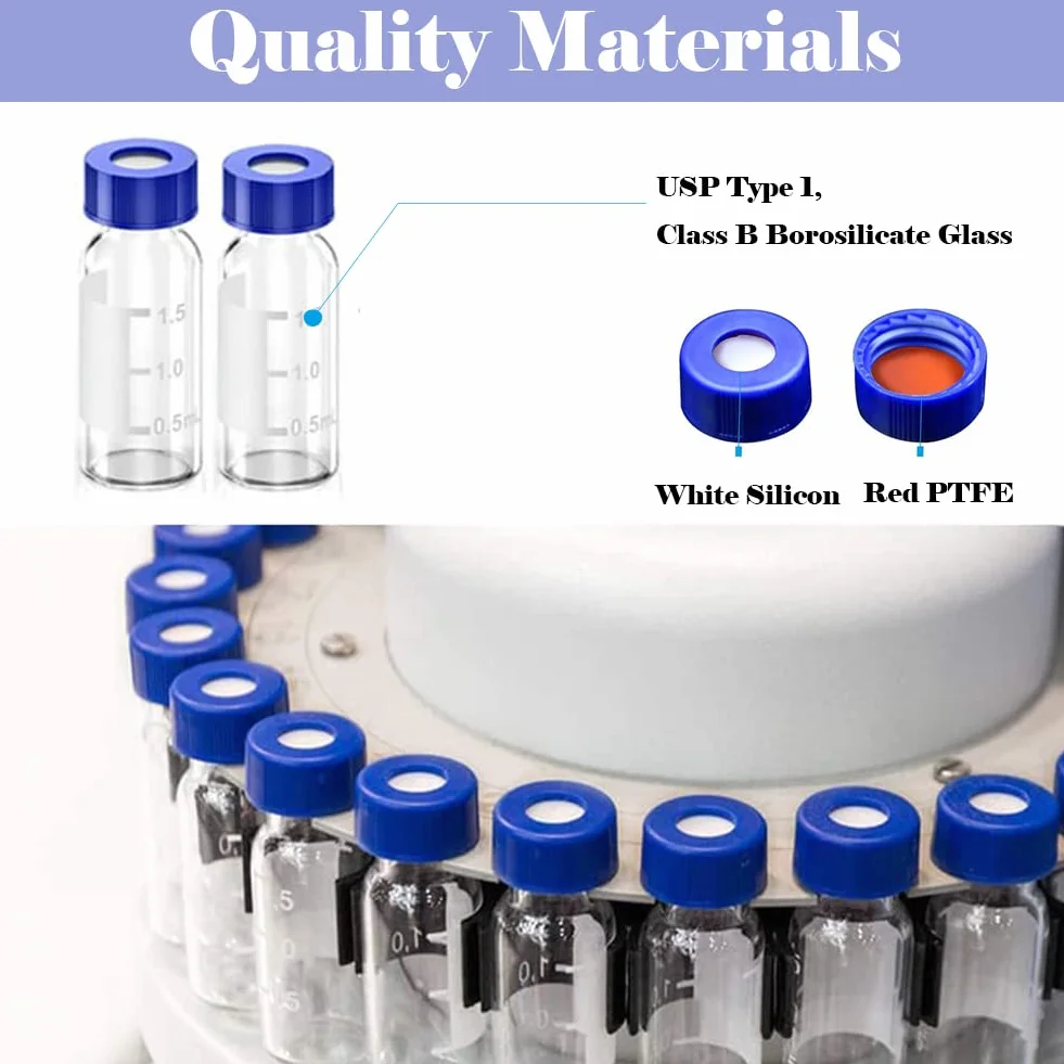 ALWSCI 2 ml HPLC szklane buteleczki, przezroczyste buteleczki laboratoryjne, 9-425 przezroczystych buteleczek, niebieska zakrętka, czerwony PTFE i biały silikon Septa, 100 sztuk