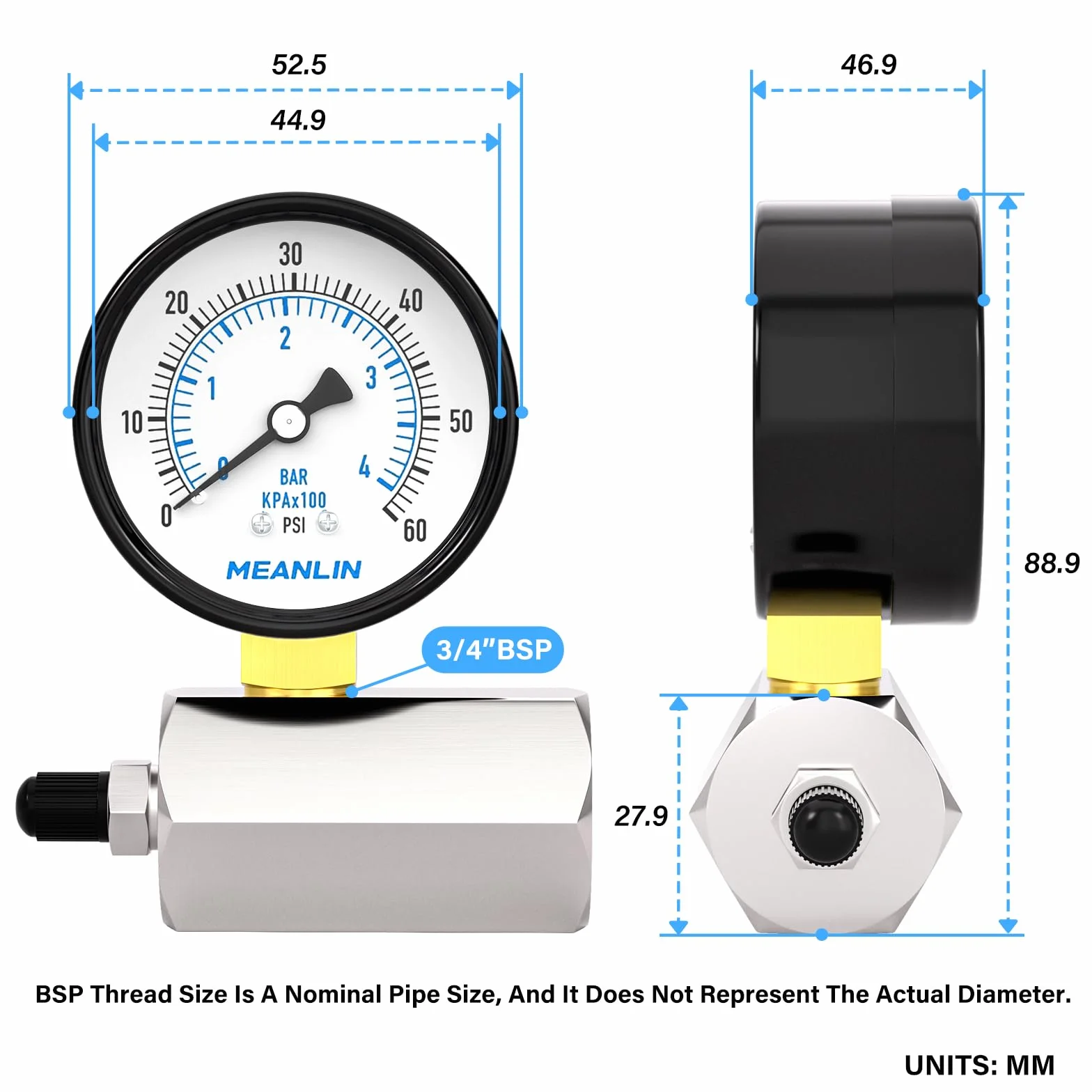 MEANLIN MEASURE 0~4BAR/0~60PSI 2" Manometr stalowy z podwójnymi stopniami ciśnienia, złącze 3/4" FBSP, dokładność +/-3-2-3%