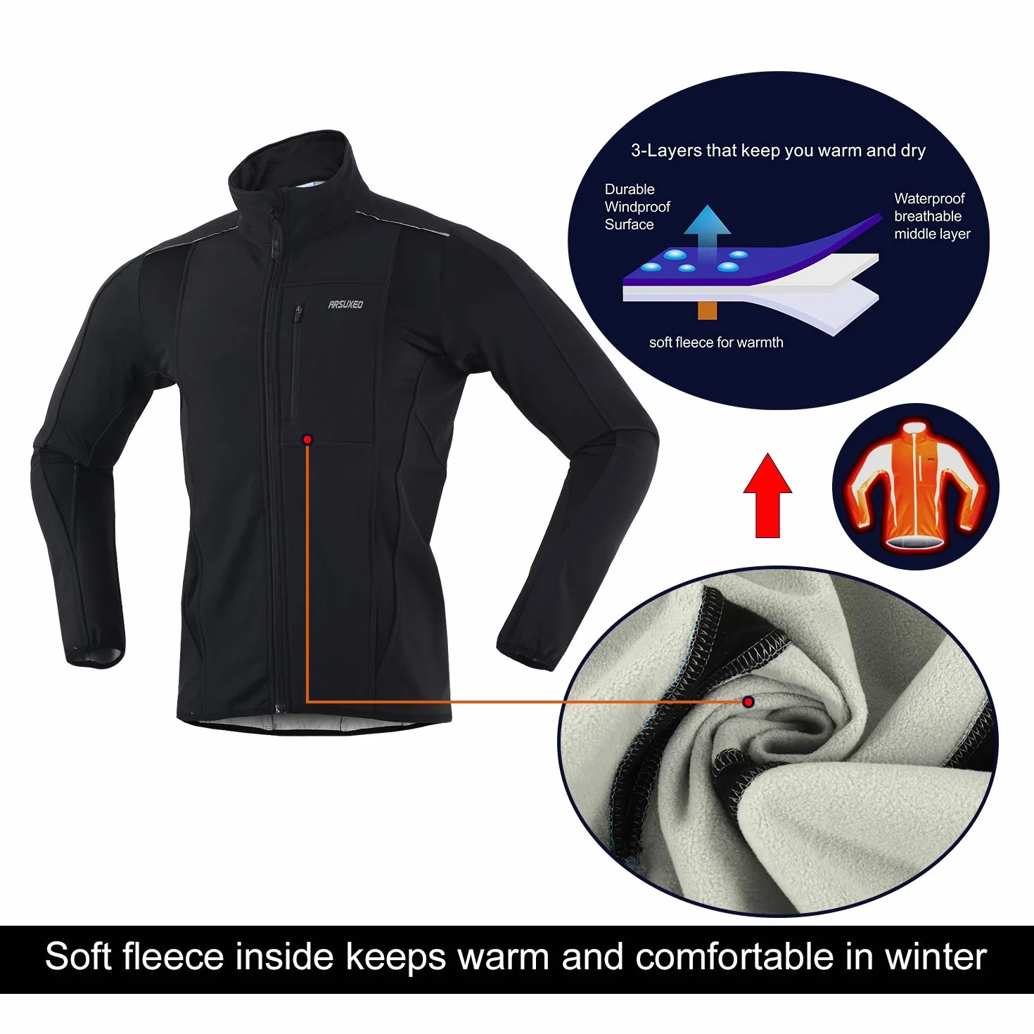 ARSUXEO Winter Warm UP Thermal Softshell kurtka rowerowa wiatroszczelna wodoodporna 15-k