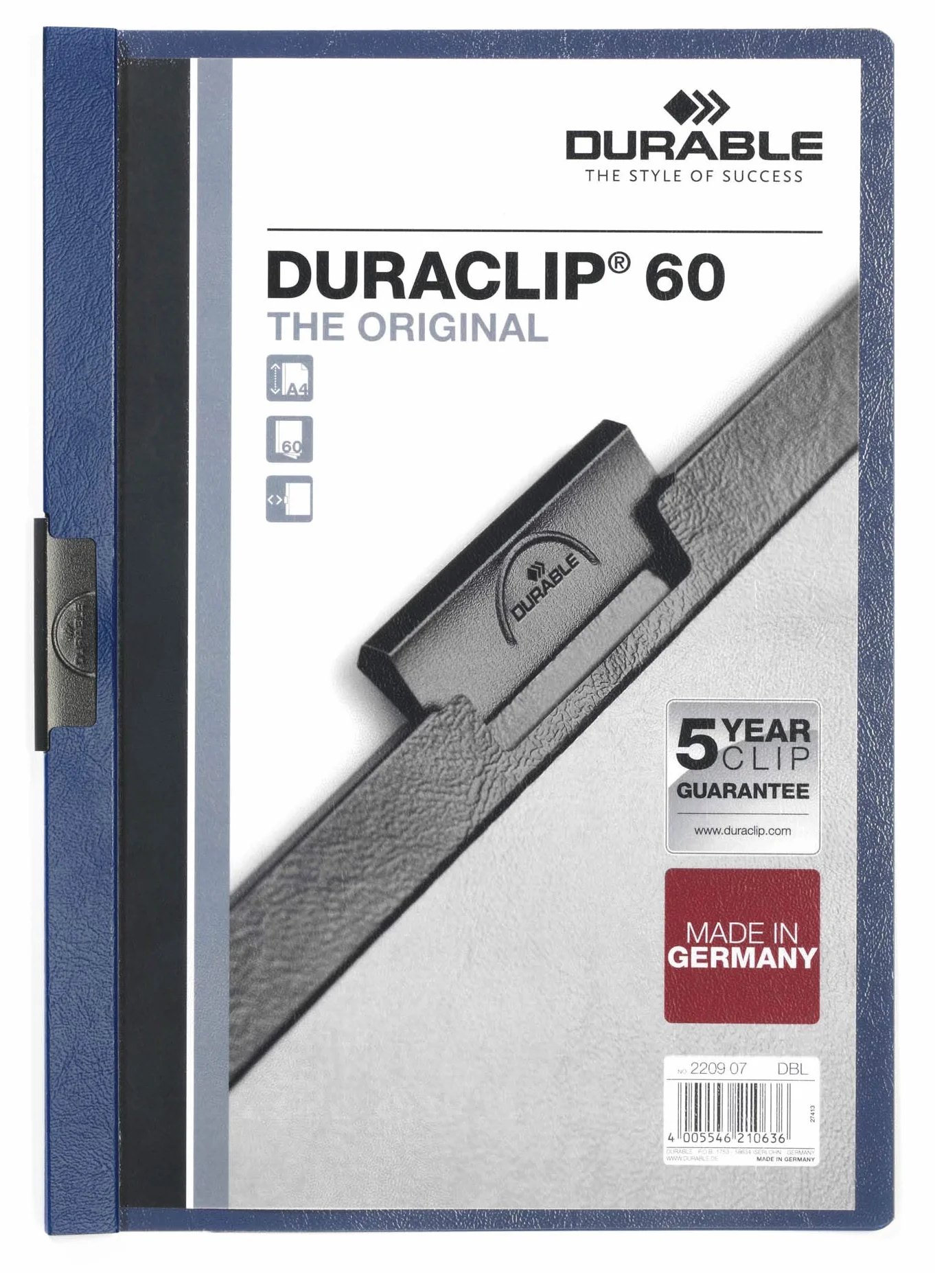 Durable 220907 Skoroszyt zaciskowy Duraclip Original 60, opak. 25 sztuk, kolor granatowy.