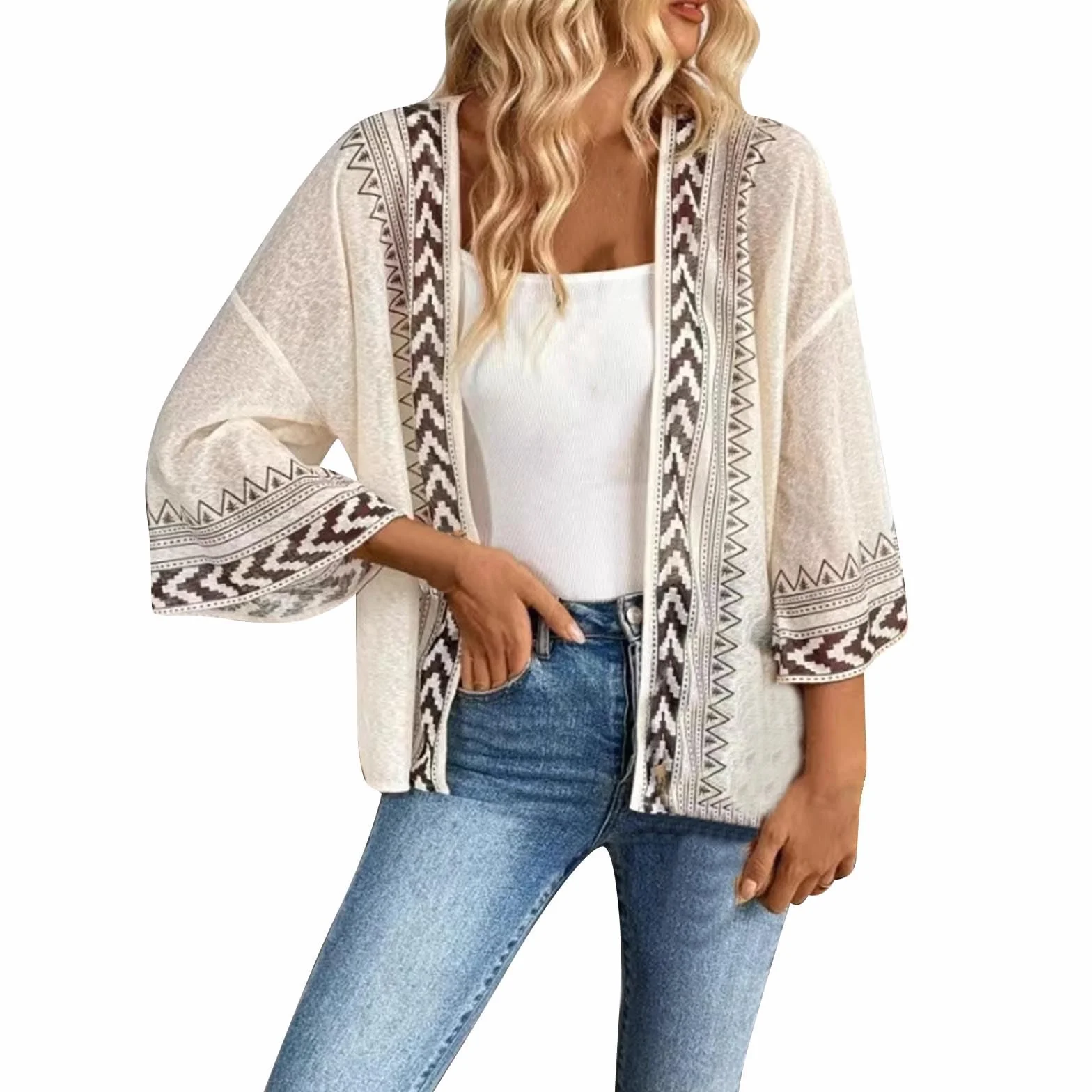 Boho Kimono Kardigan Damski Lekki Sheer Siatkowy Szyfonowy Okrycie, Geometryczny Nadruk Otwarty Przód Luźny Casual Szal Letni Top