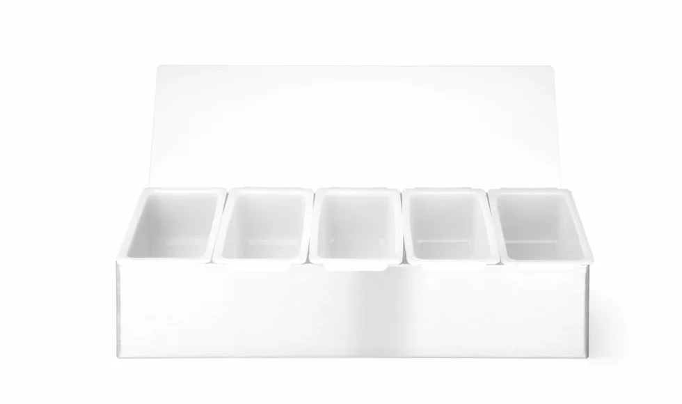 HENDI Pojemnik barmański na dodatki do drinków, BarUp, z 5 wyjmowanymi pojemniczkami, przezroczysta pokrywa, pojemnik na przyprawy, 375x140x(H)90mm, stal nierdzewna, HDPE, polipropylen
