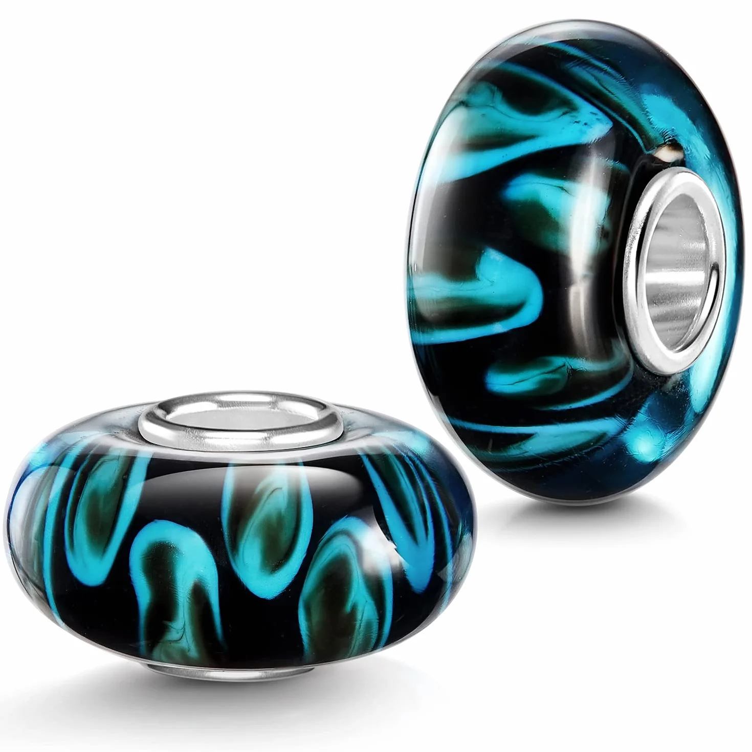 Materia biżuteria szkło Murano Beads czarny niebieski element - srebro 925 szkło zawieszka do bransoletki Beads #953