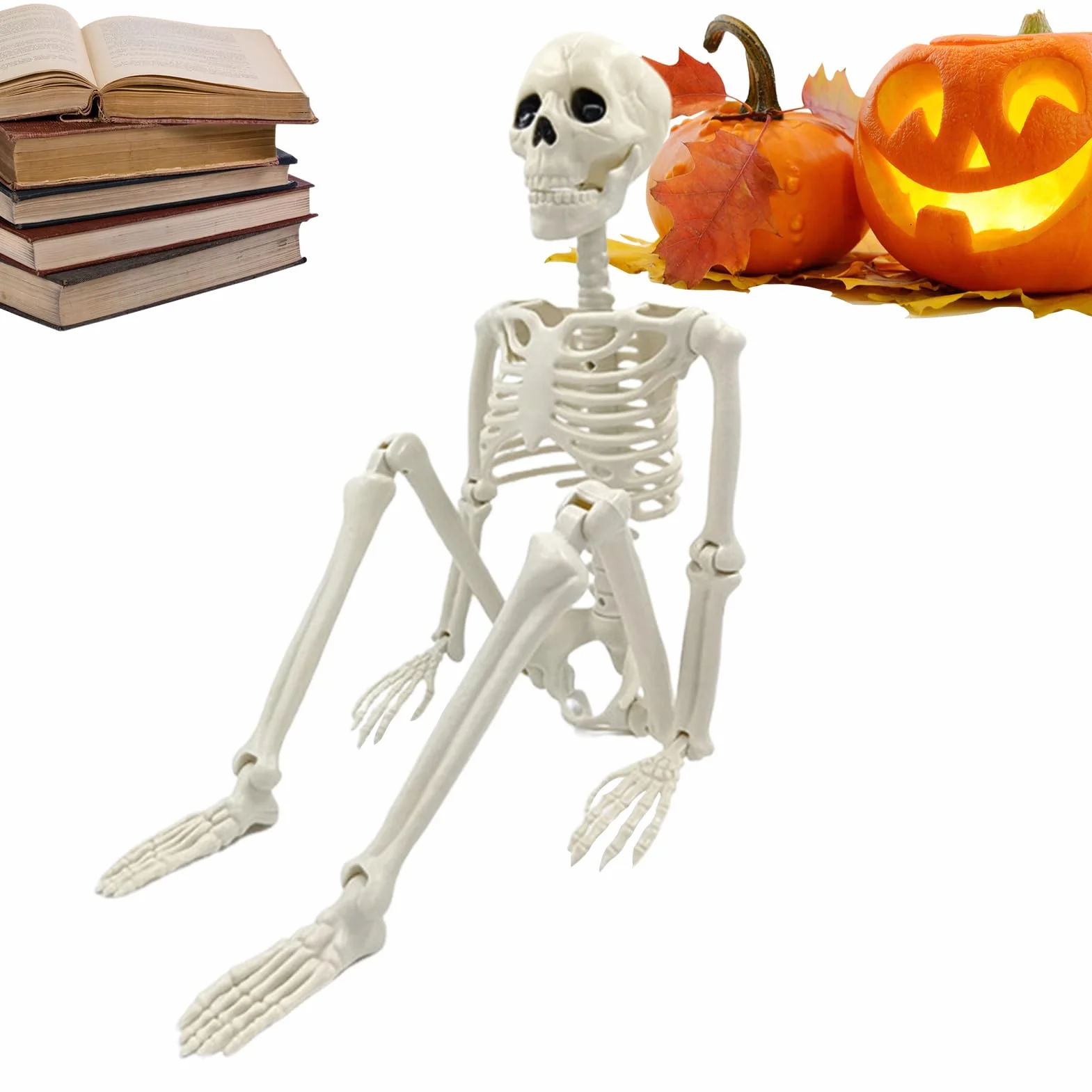 Dekoracja szkieletu – naturalnej wielkości Halloween szkielet dekoracja z ruchomymi przegubami – straszna czaszka ozdoba na grób do domu duchów, ogrodu, dekoracja stołu, na imprezę