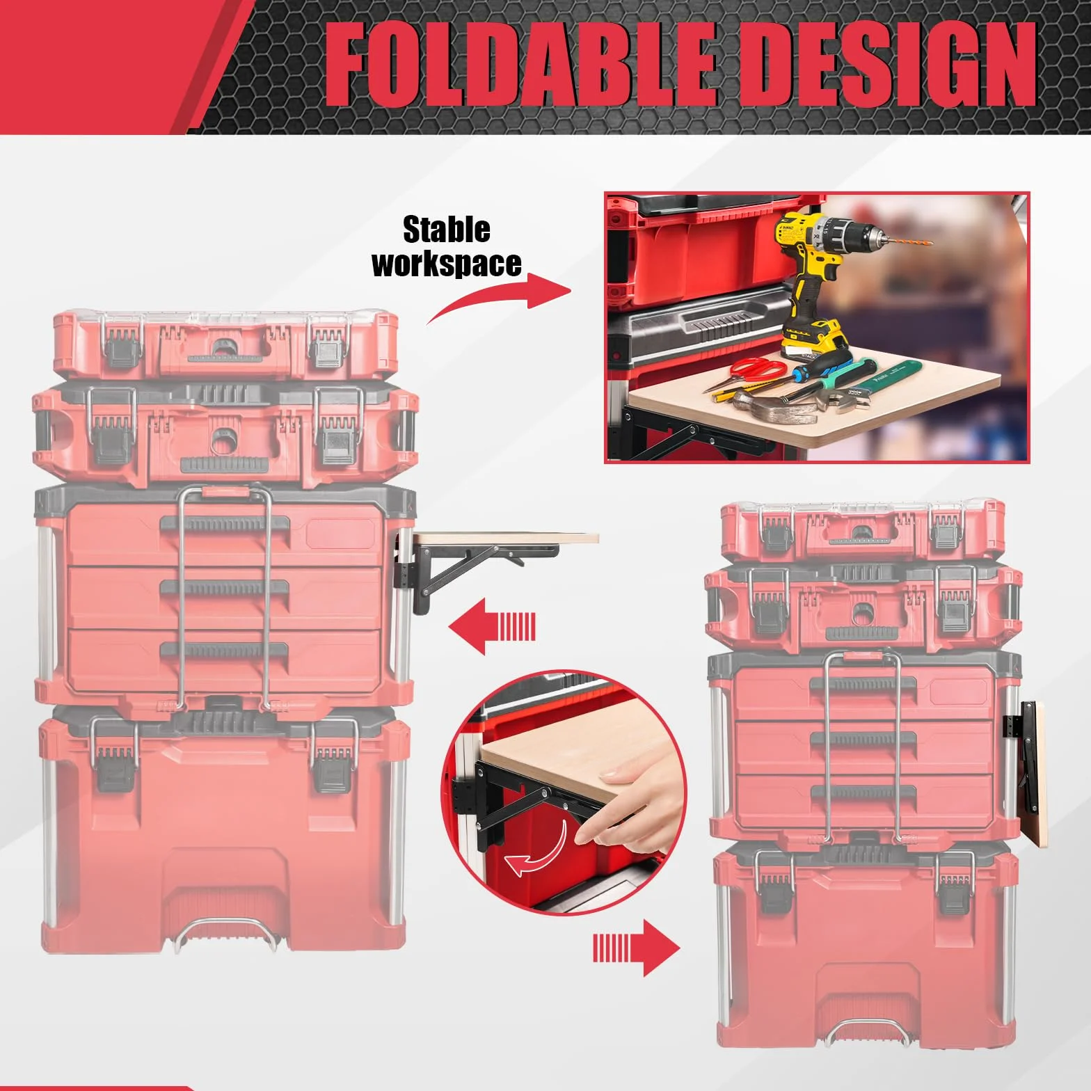 Stabilny składany stół roboczy kompatybilny z walizką na narzędzia Milwaukee Packout, półka boczna do systemu Packout