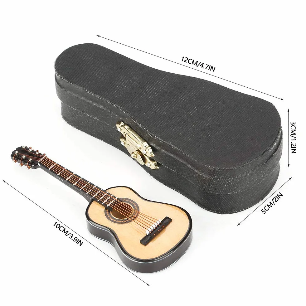 Qinlorgo Drewniana miniaturowa gitara ze stojakiem, miniaturowy drewniany model gitary ekspozycja mini ozdoby muzyczne rzemiosło dekoracja domu