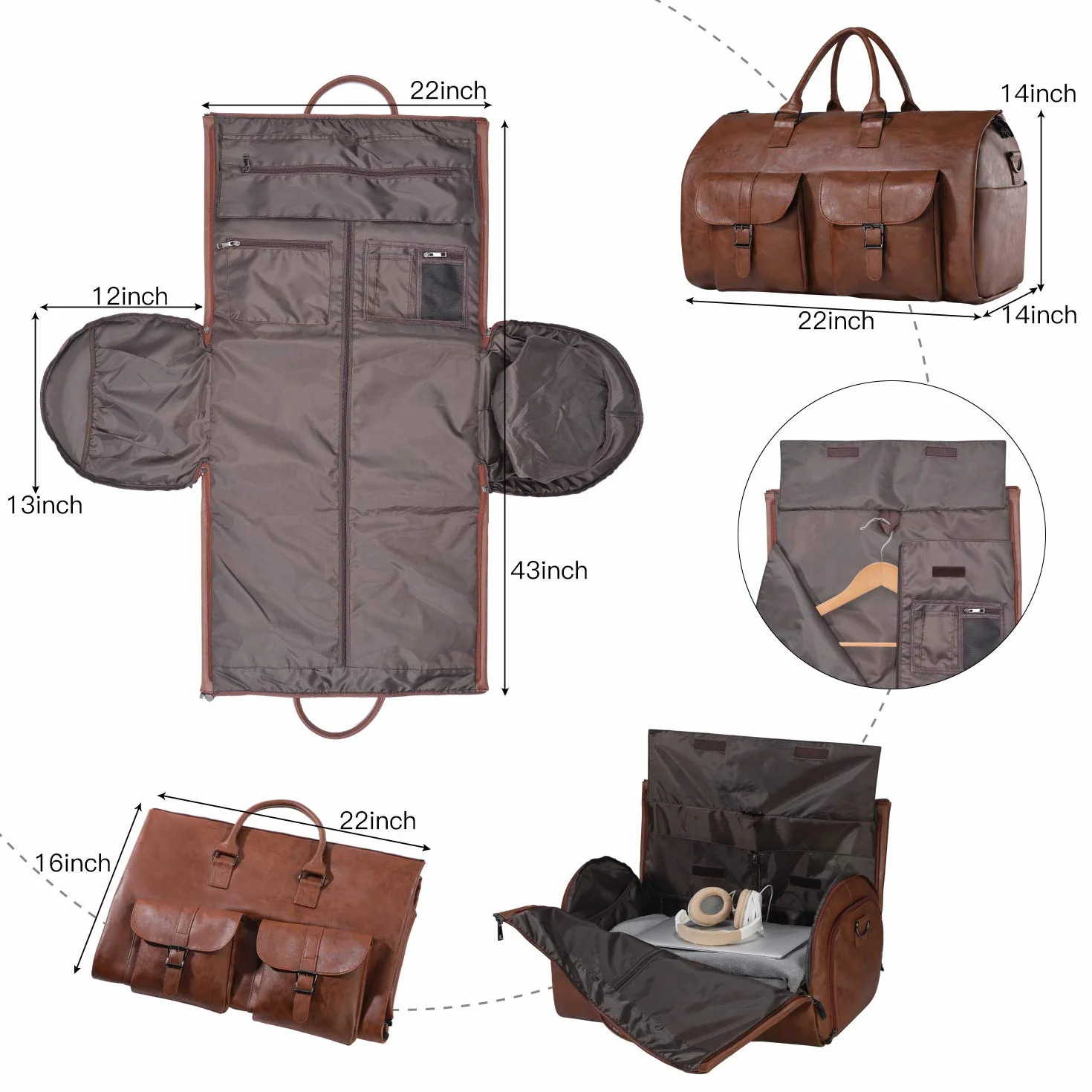 Torba na ubrania, wodoodporna, męska torba na ubrania, do podróży, duża skórzana torba marynarska z przegródką na buty, Brązowy (2), OneSize, Nowoczesny