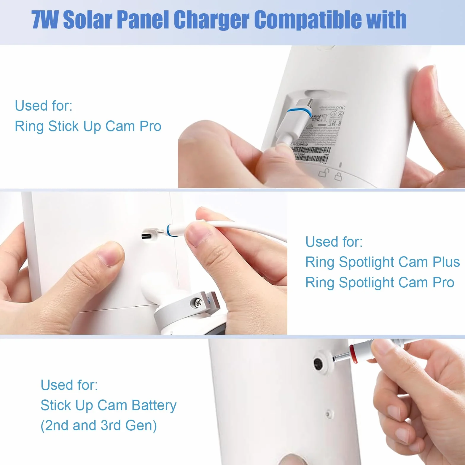 Panel słoneczny do kamery pierścieniowej, 7 W, kompatybilny z Ring Stick Up Cam (2/3. generacji) i Pro, Spotlight Cam Plus/Pro (akumulator), wodoszczelność IP66, z adapterem USB-C na 3,5 mm, kablem