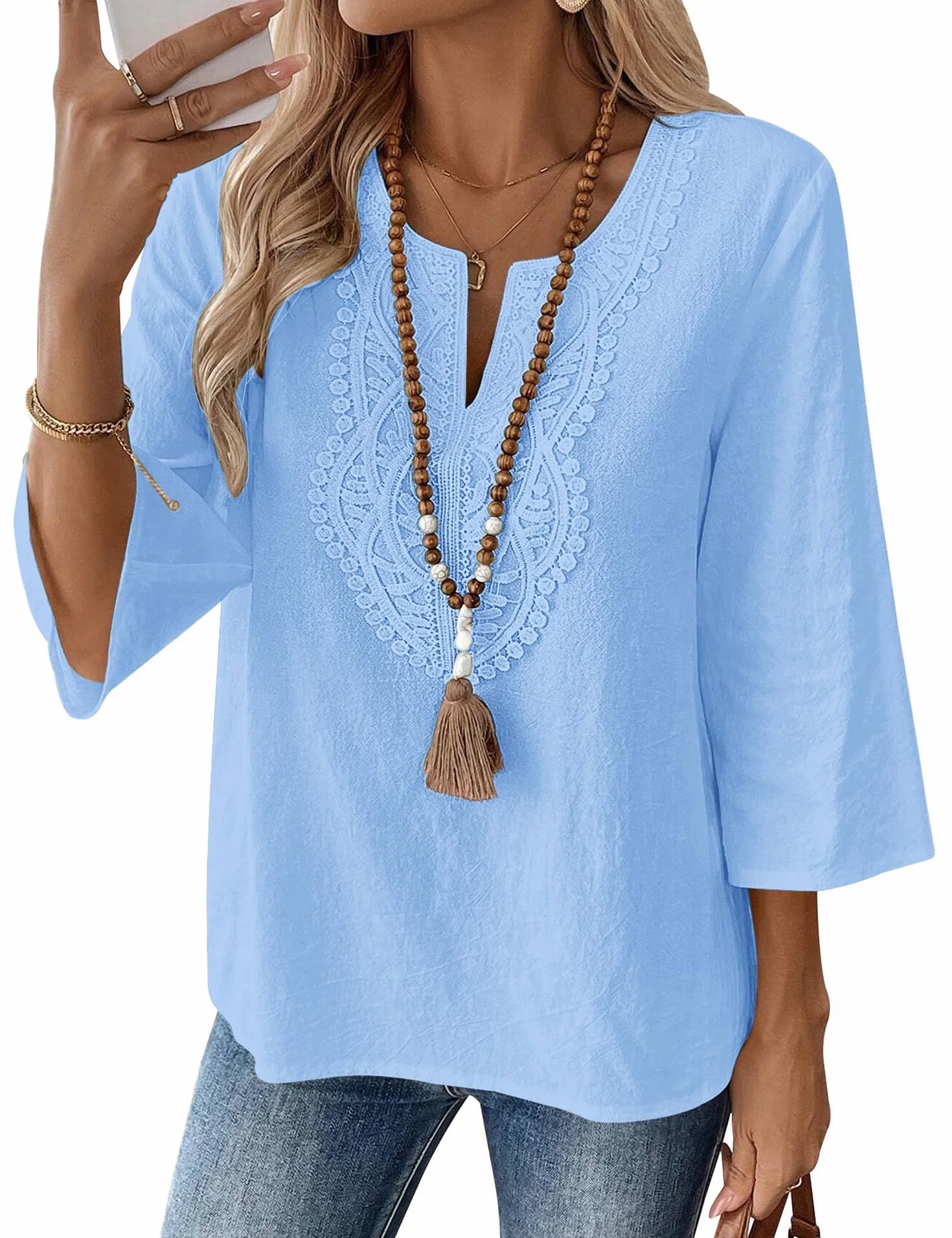 Rapbin Bluzka damska z rękawami 3/4, elegancka górna część z dekoltem w serek, bawełna, koronka, na co dzień, luźny krój, tunika