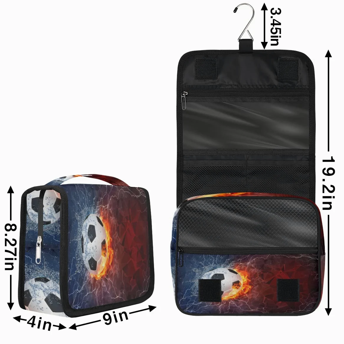 Piłka nożna Podróżna kosmetyczka Piłka nożna Ogień i Woda Mycie Torba Unisex Wiszące przybory toaletowe Kosmetyczka Organizer do makijażu, wielobarwny, Jeden rozmiar