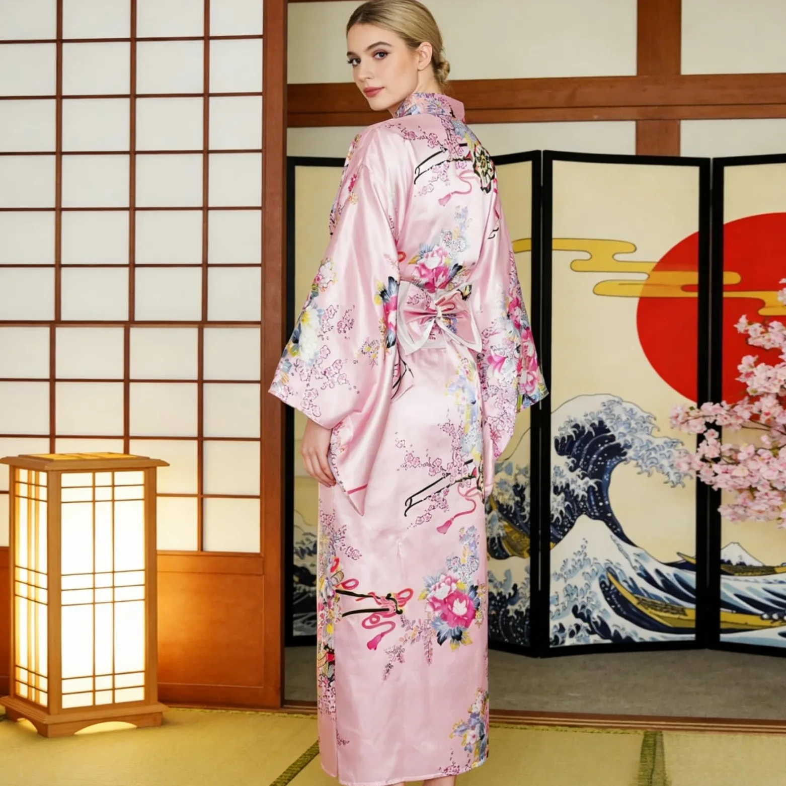 Damska tradycyjna japońska sukienka kimono z nadrukiem kwiatowym z paskiem sukienka japoński szlafrok Yukata kostium cosplay zestaw