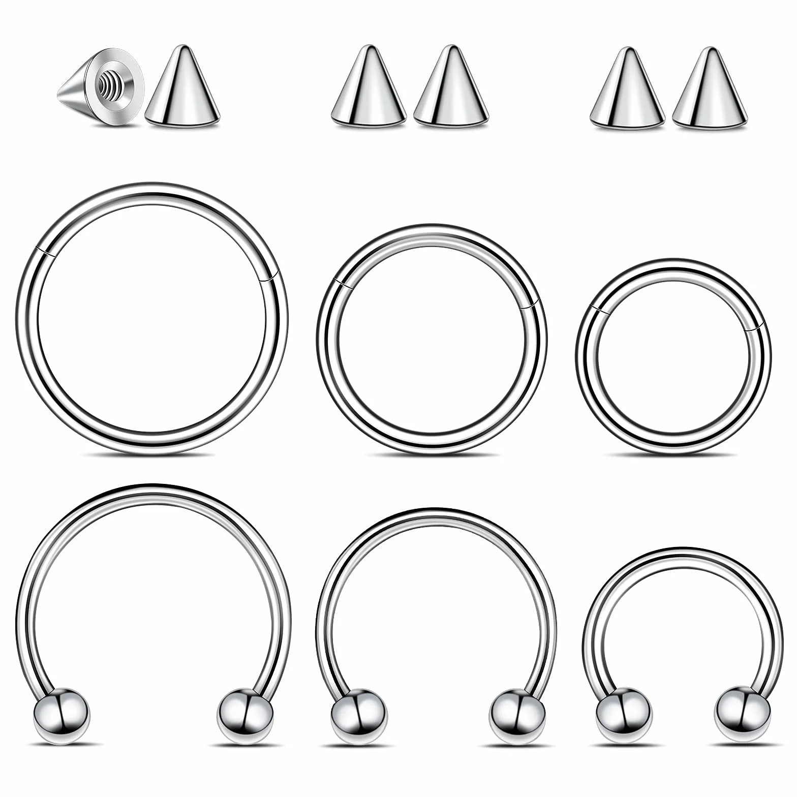 12 sztuk kolczyków do piercingu w kształcie podkowy 16G, septum, do wargi, 8/10/12 mm, stal nierdzewna, srebrny, septum nosowe, stal chirurgiczna, piercing do chrząstki, ucha, z zapasowym szpikulcem