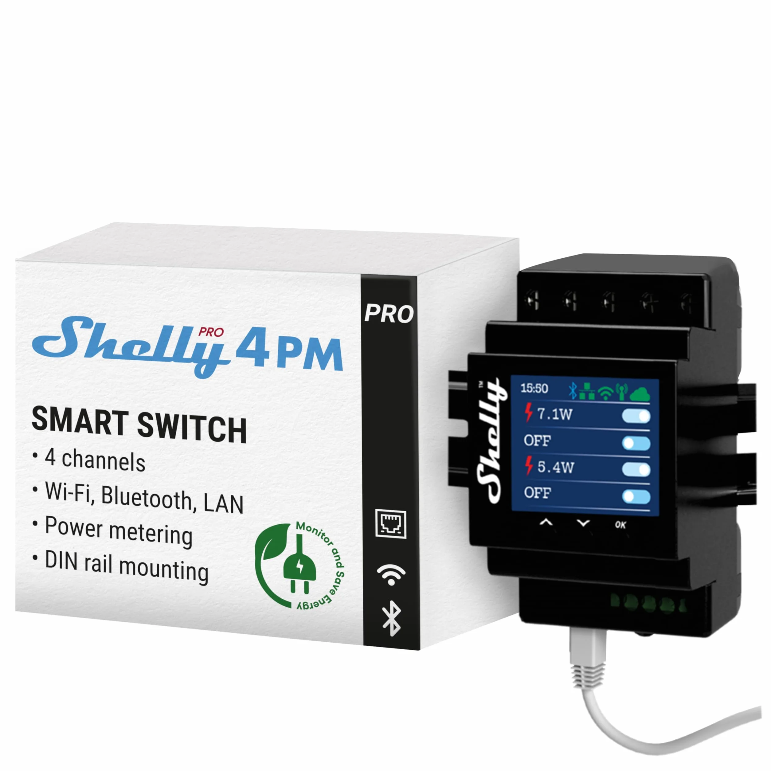 Shelly Pro 4PM -Wi-Fi, LAN i Bluetooth 4-Kanałowy Inteligentny Przekaźnik z Pomiarem Mocy,Automatyka Domowa,Alexa i Google Home,iOS i Android,Zdalne Sterowanie i Monitorowanie Urządzeń