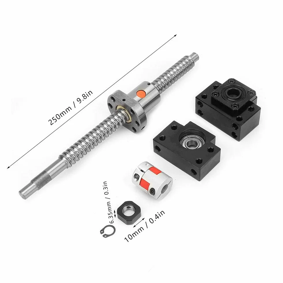 SFU1605 zestaw śrub kulkowych ze stali nierdzewnej 250 mm śruby kulowe i nakrętki BKBF12 i złącza 6,35 * 10 mm do maszyny CNC