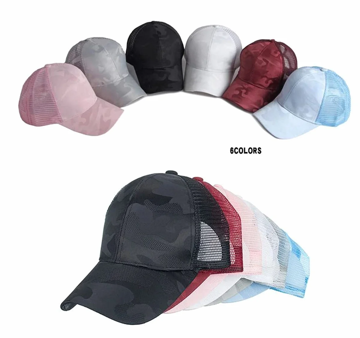 Ruicheng Czapka damska z końskim ogonem baseballowa z siateczki Camo Basecap letnia szary 56-60