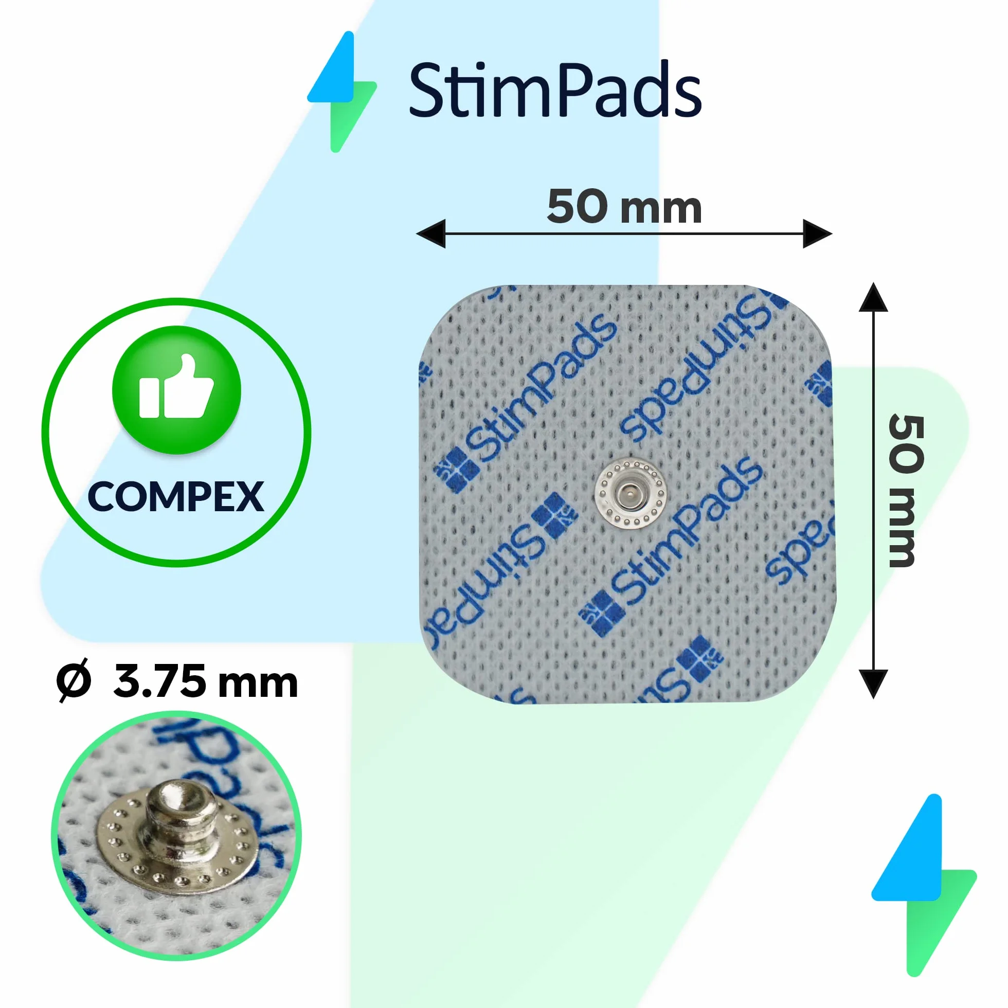 EMS i TENS podkładki elektrodowe – kompatybilne z urządzeniami Compex – 4 podkładki do elektrod 50 x 50 mm z 3,75 mm Easy Snap – elektrody samoprzylepne do urządzeń TENS – certyfikowany