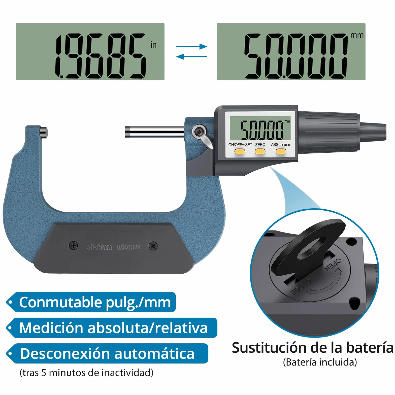 AUTOUTLET Mikrometr cyfrowy mikrometr zewnętrzny 50-75 mm / 0,001 mm, precyzyjny cyfrowy mikrometr LCD suwmiarka do pomiaru długości mikrometr 0,001 mm (0,00005 cala)