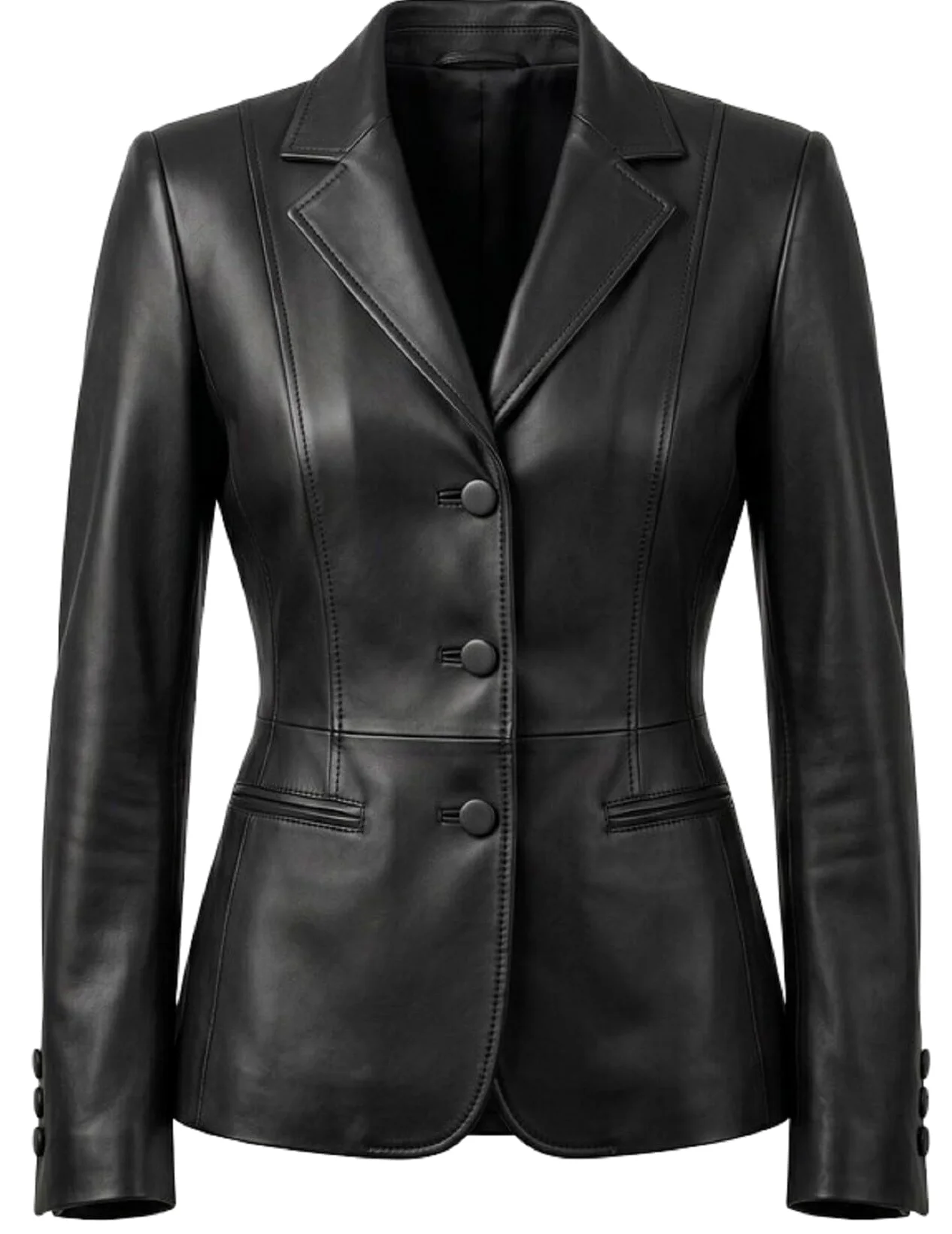 Damska marynarka premium ze skóry slim fit - elegancka dopasowana kurtka garniturowa