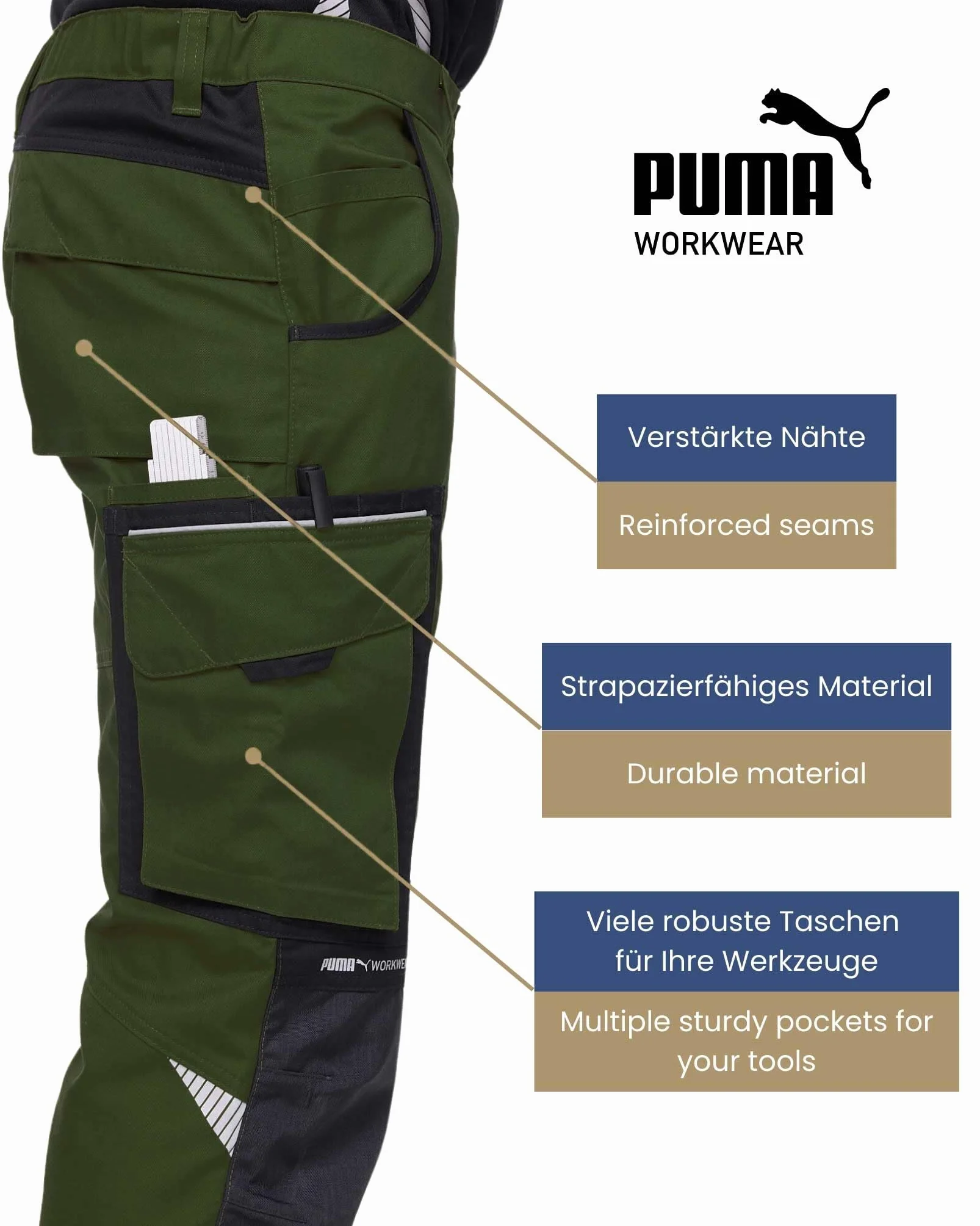 PUMA Workwear Spodnie robocze męskie Precision X z wieloma kieszeniami i wzmocnionymi kolanami